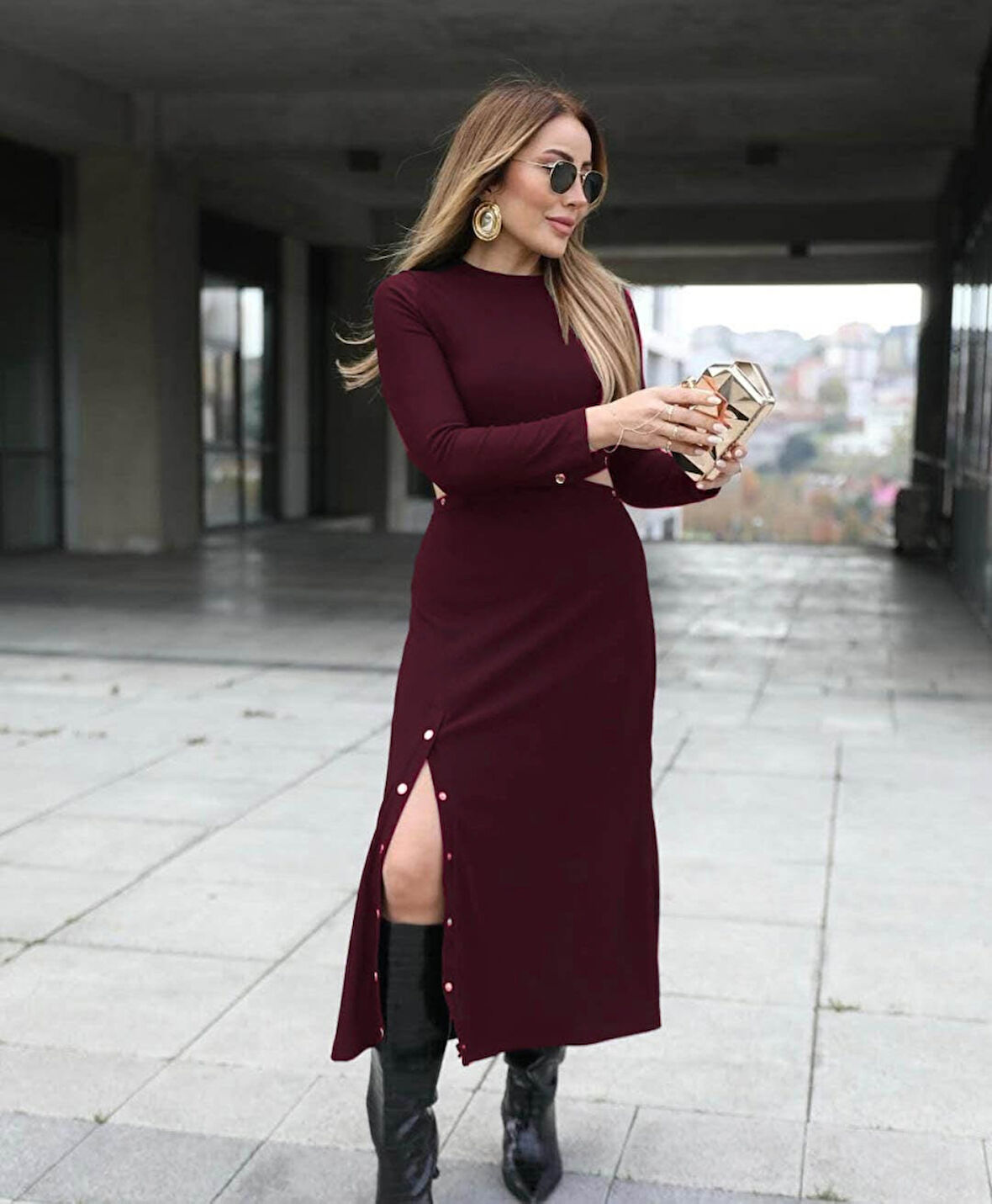 Reka Moda Kadın Uzun Kollu çıtçıtlı Viskon Krop Bluz Ve Yırtmaçlı Etek Istenildiğinde Elbise Olan Ikili Takım