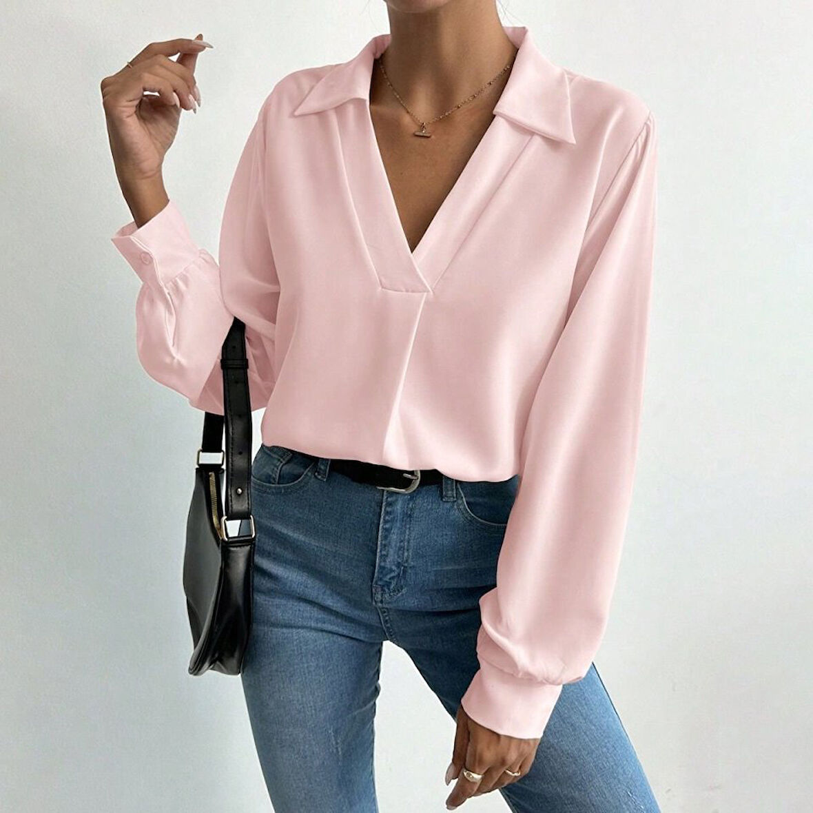 Reka Moda Kadın V Yaka Uzun Kollu Mosskrep Kumaş Bluz