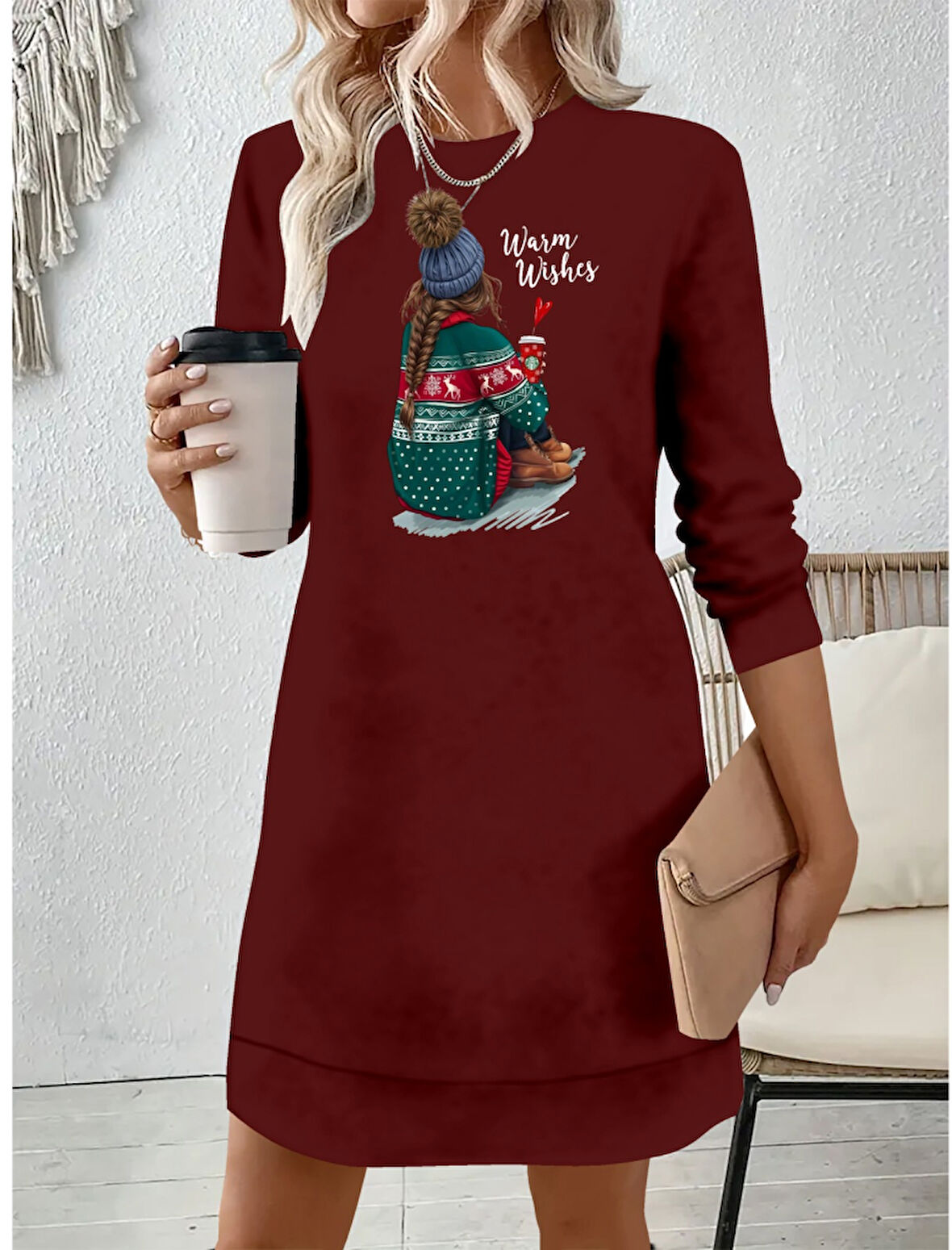 Reka Moda Kadın Uzun Kollu Bisiklet Yaka Desenli Viskon Iki Iplik Elbise