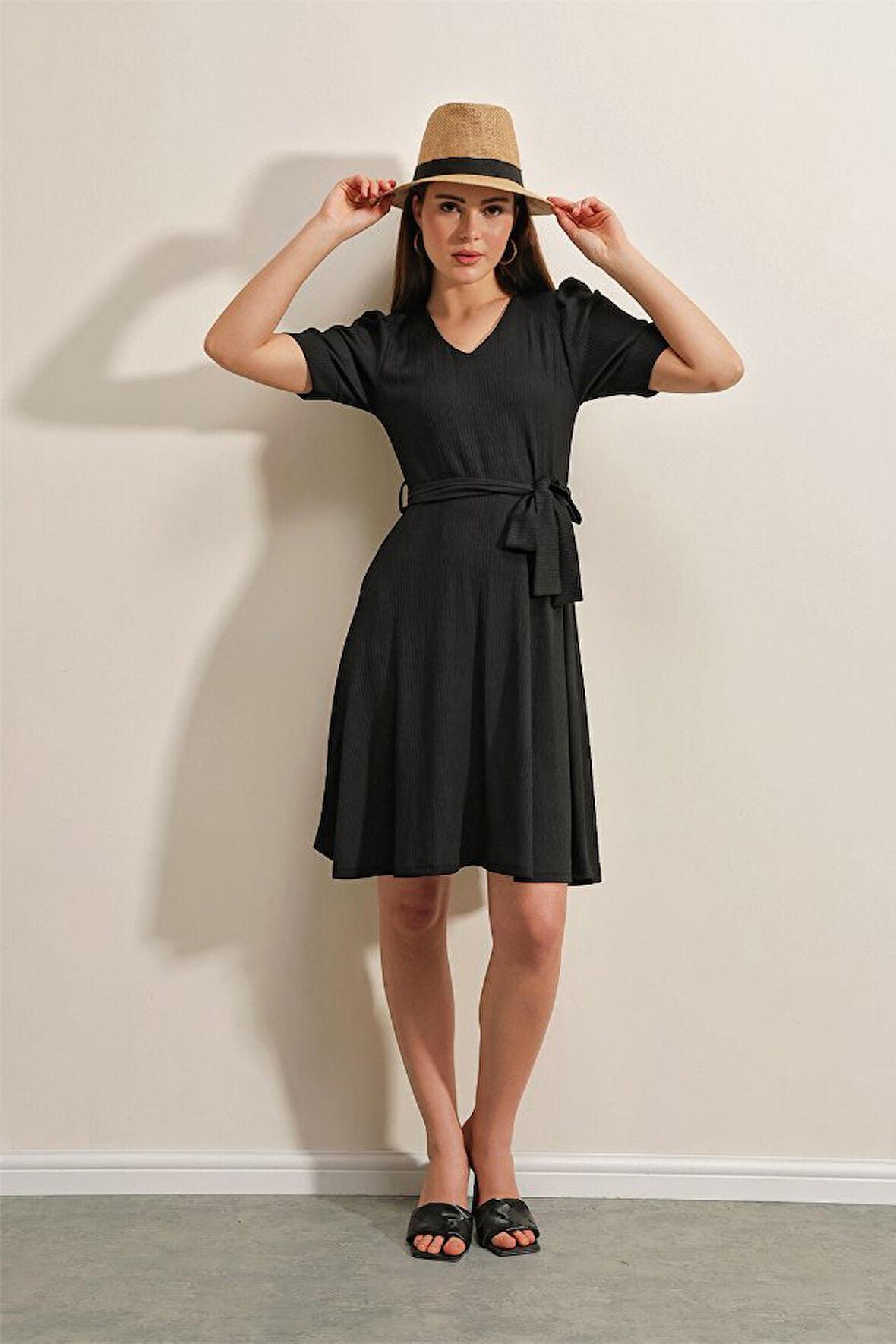 Reka Moda 2370 Kuşaklı Örme Elbise - Siyah