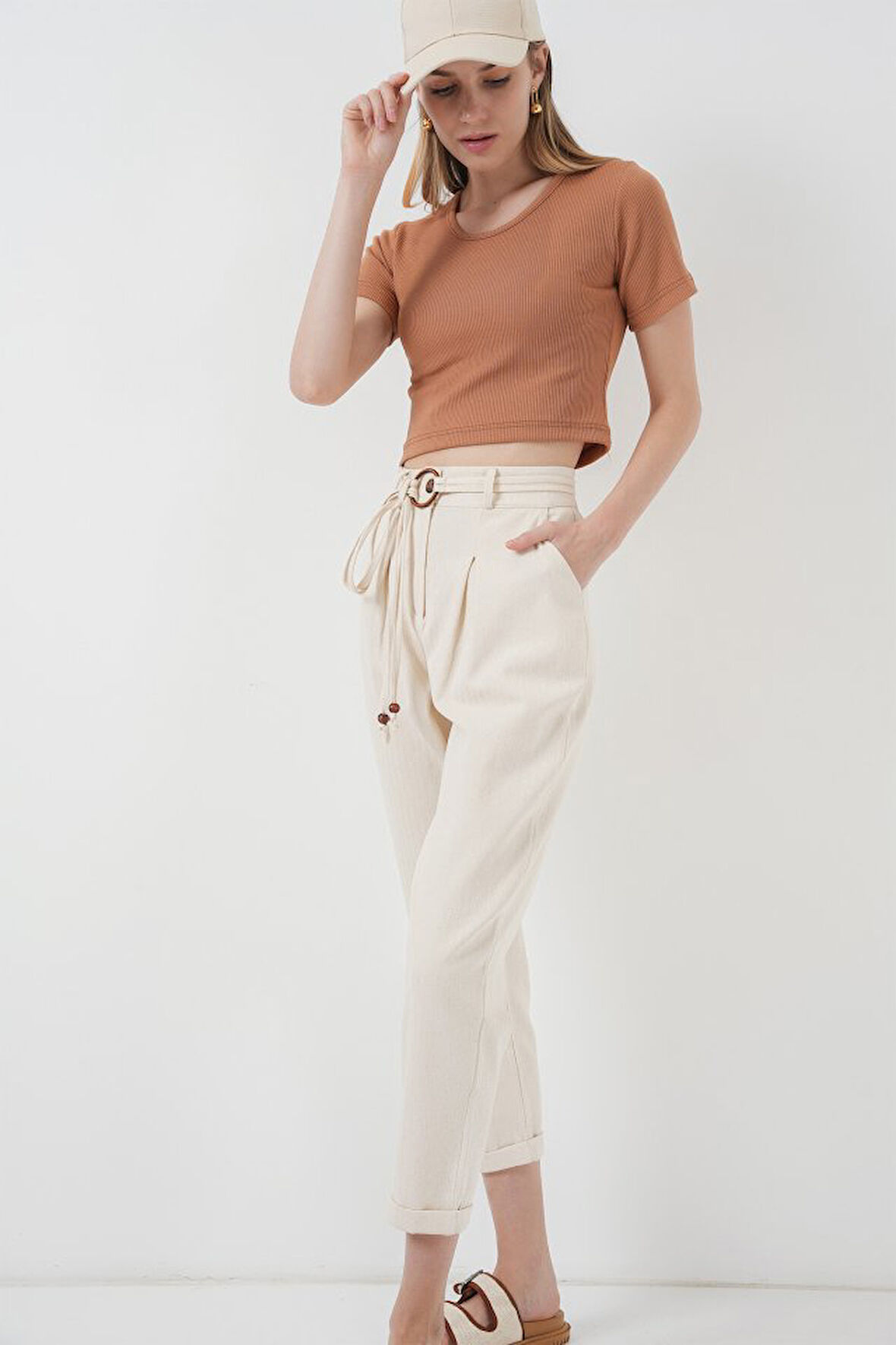 Reka Moda 6660 Kemerli Keten Pantolon - Krem