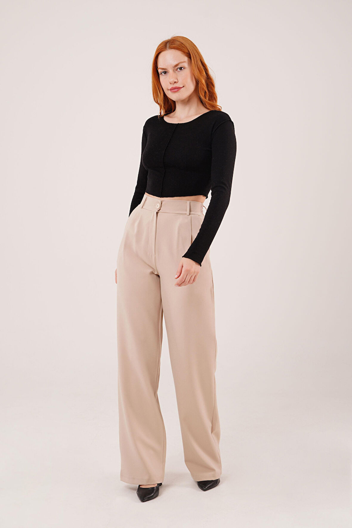 Reka Moda Bol Paça Piliseli Bej Pantolon
