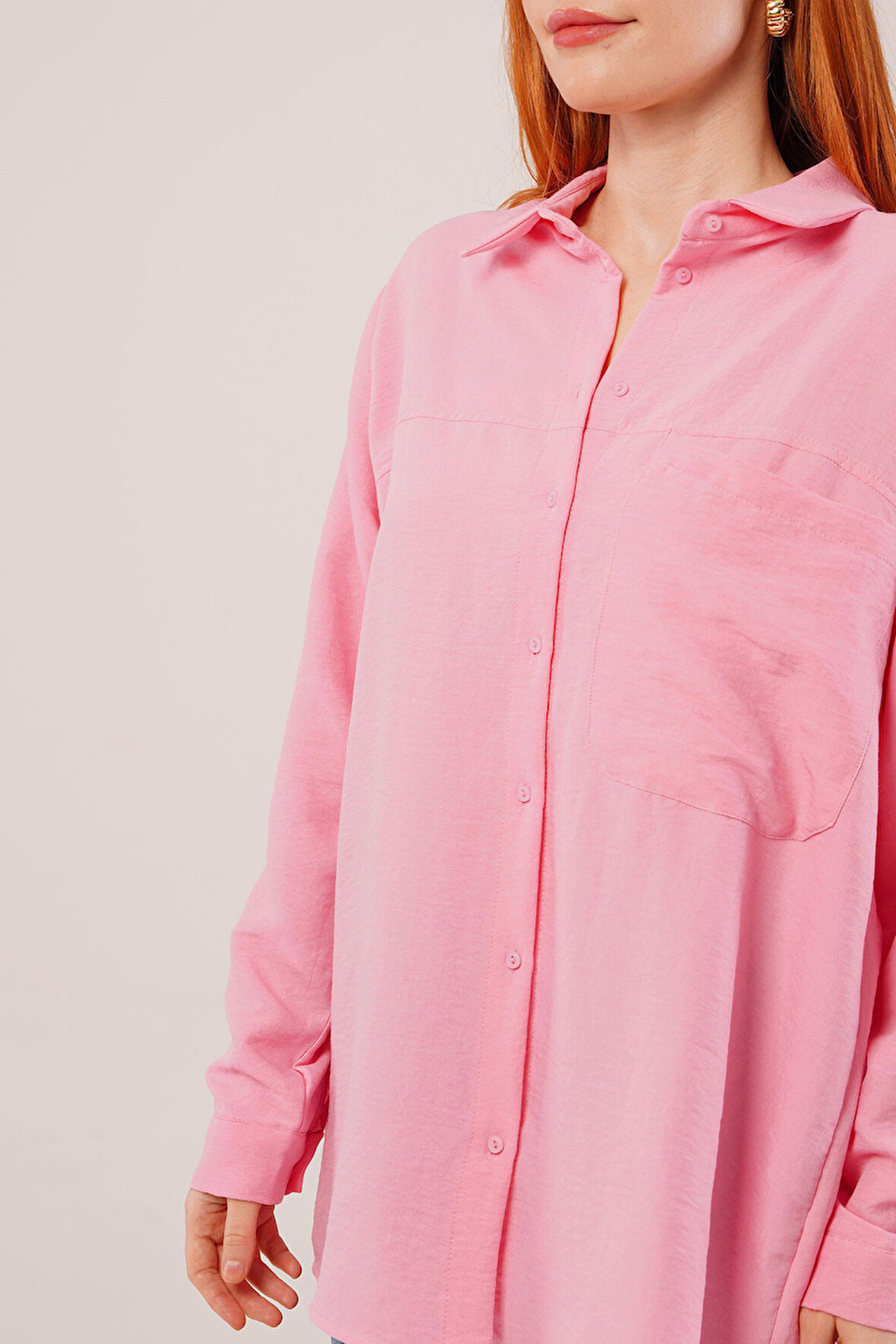 Reka Moda Salaş Kesim Cepli Pembe Gömlek