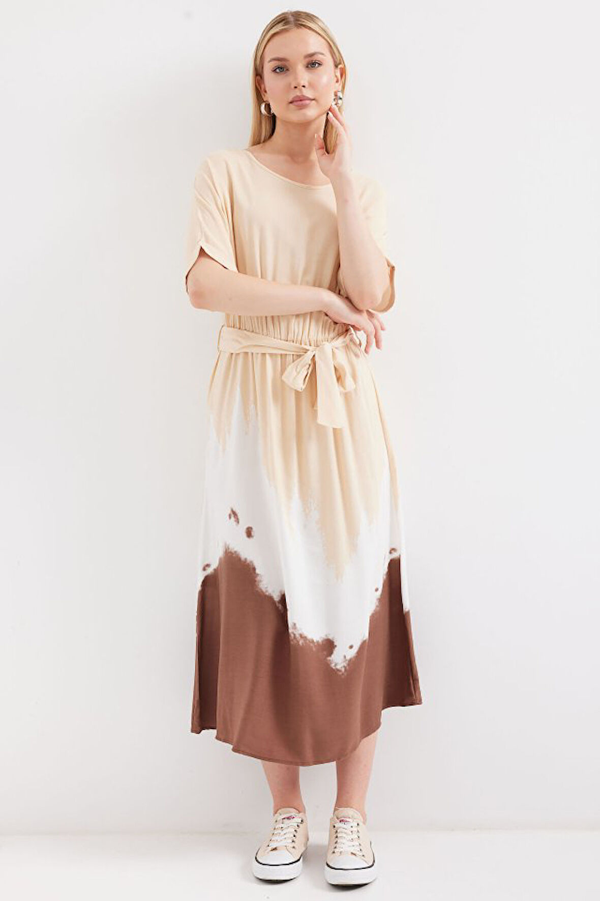 Reka Moda 2504 Desenli Kısa Kol Viskon Elbise - Krem