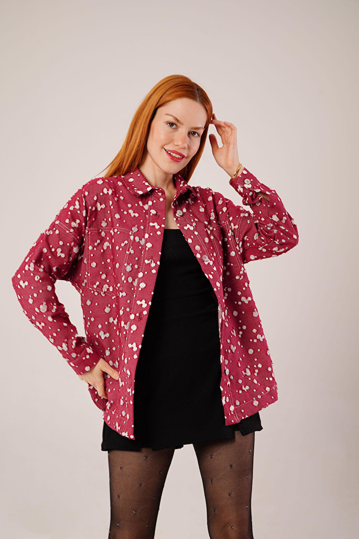 Reka Moda Eskitme Görünümlü Denim Bordo Gömlek