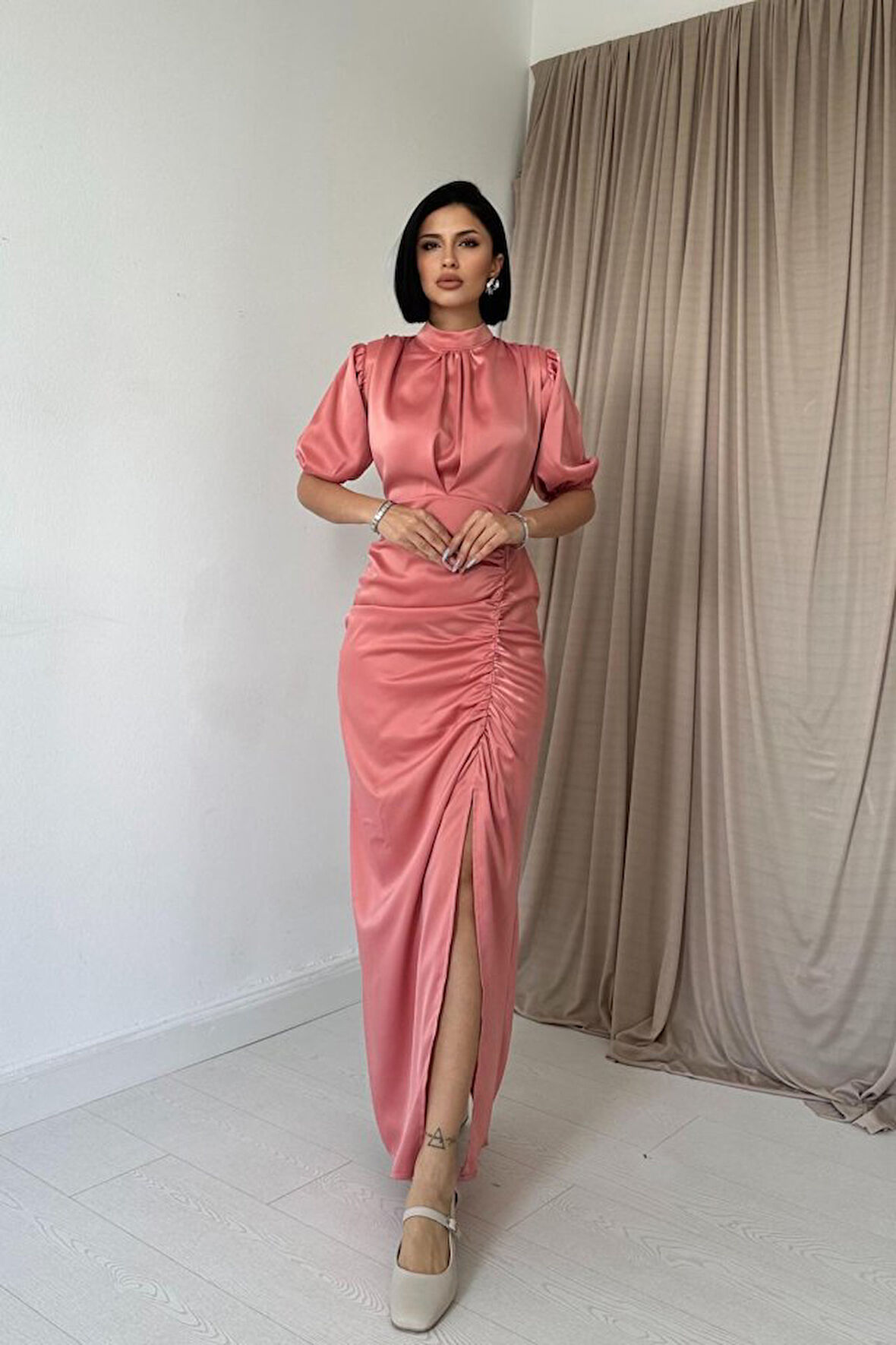 Reka Moda Pudra Büzgülü Saten Elbise