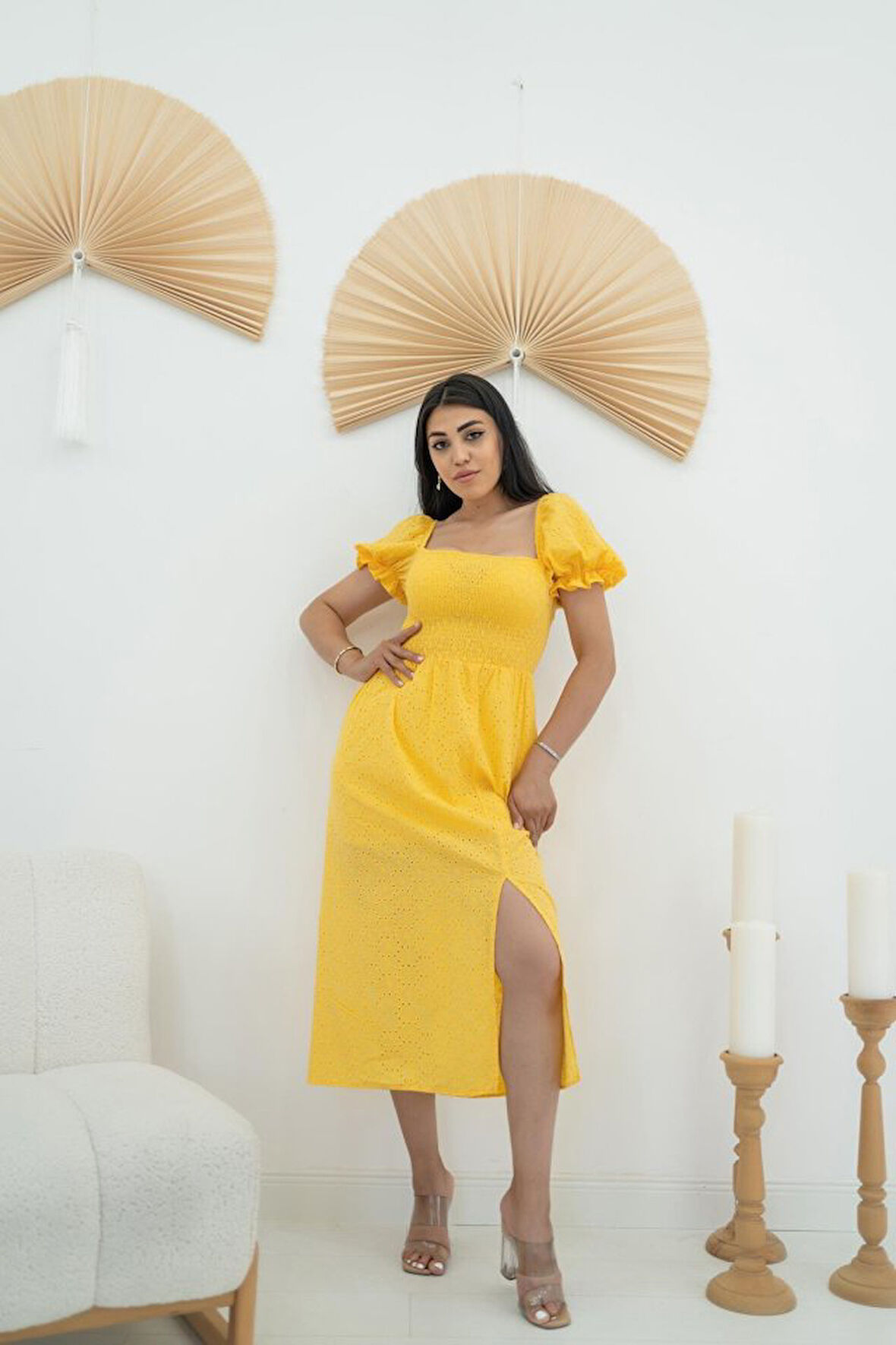 Reka Moda Sarı Tokalı Fisto Elbise