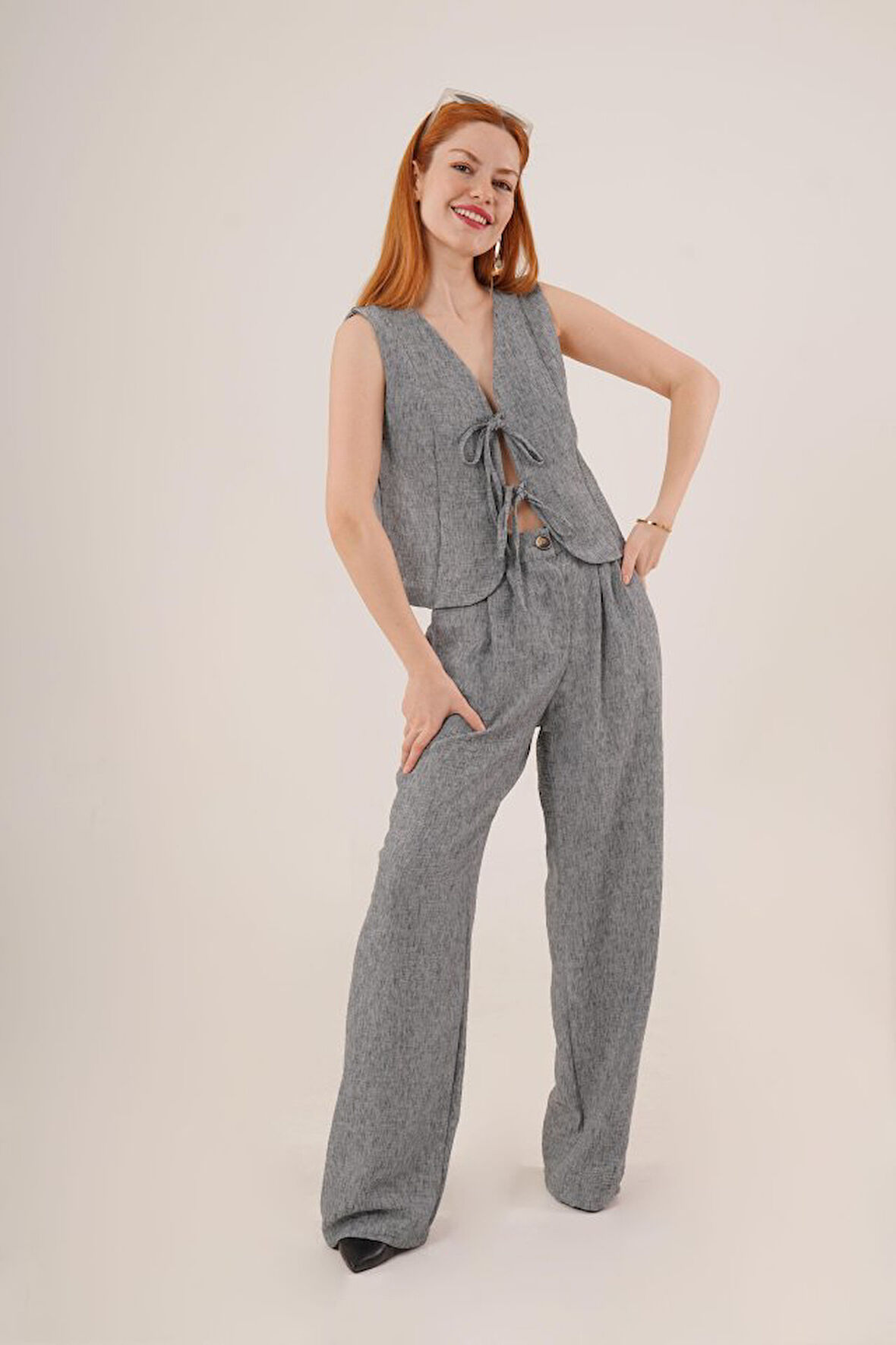 Reka Moda Ön Bağlama Detaylı Yelek Ve Pantolon Antrasit İkili Takım