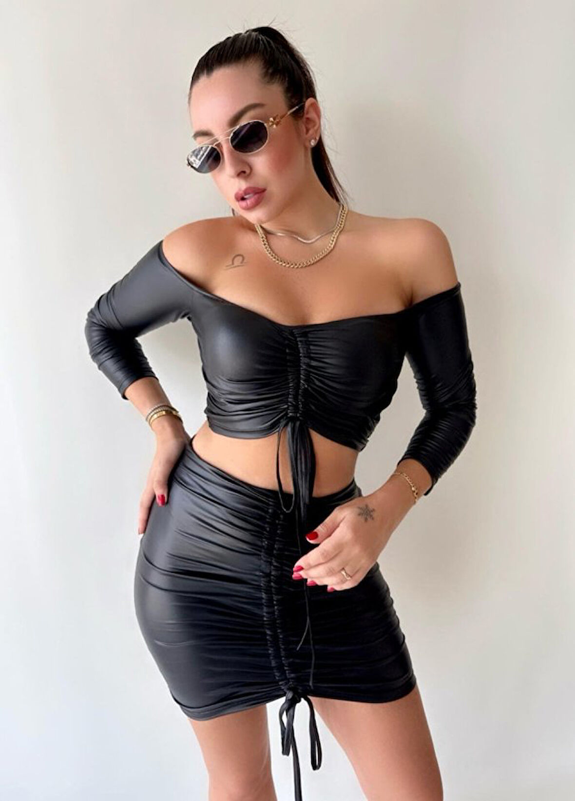 Reka Moda Kadın Büzgülü Deri Etek Takım Fırsat Ürün