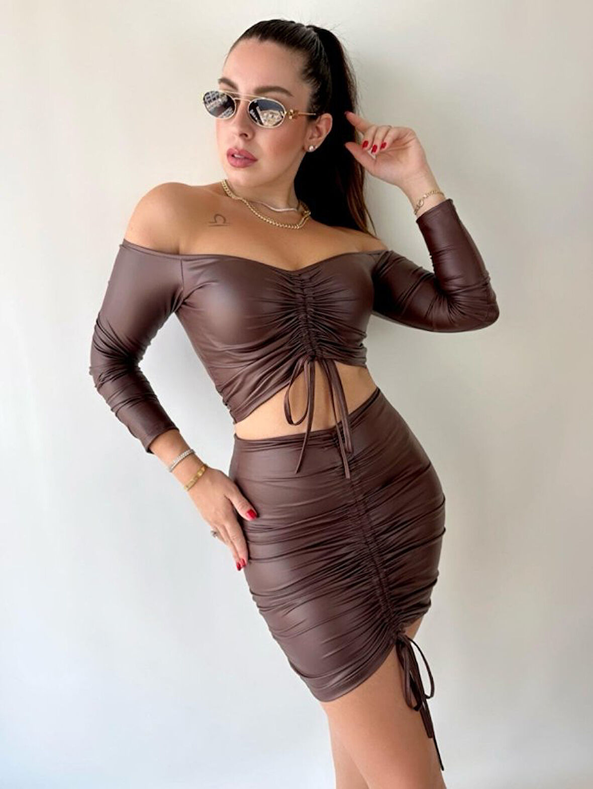 Reka Moda Kadın Büzgülü Deri Etek Takım Fırsat Ürün