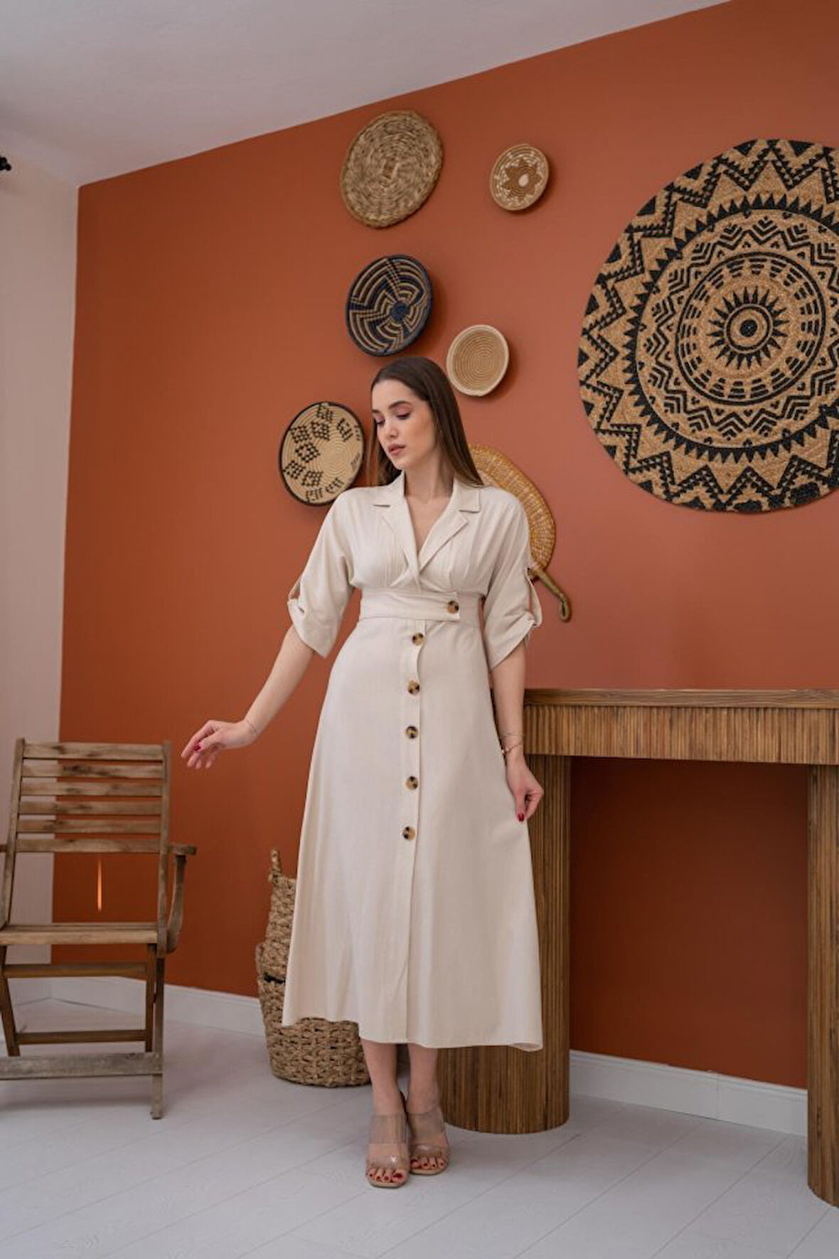 Reka Moda Bej Düğmeli Keten Elbise