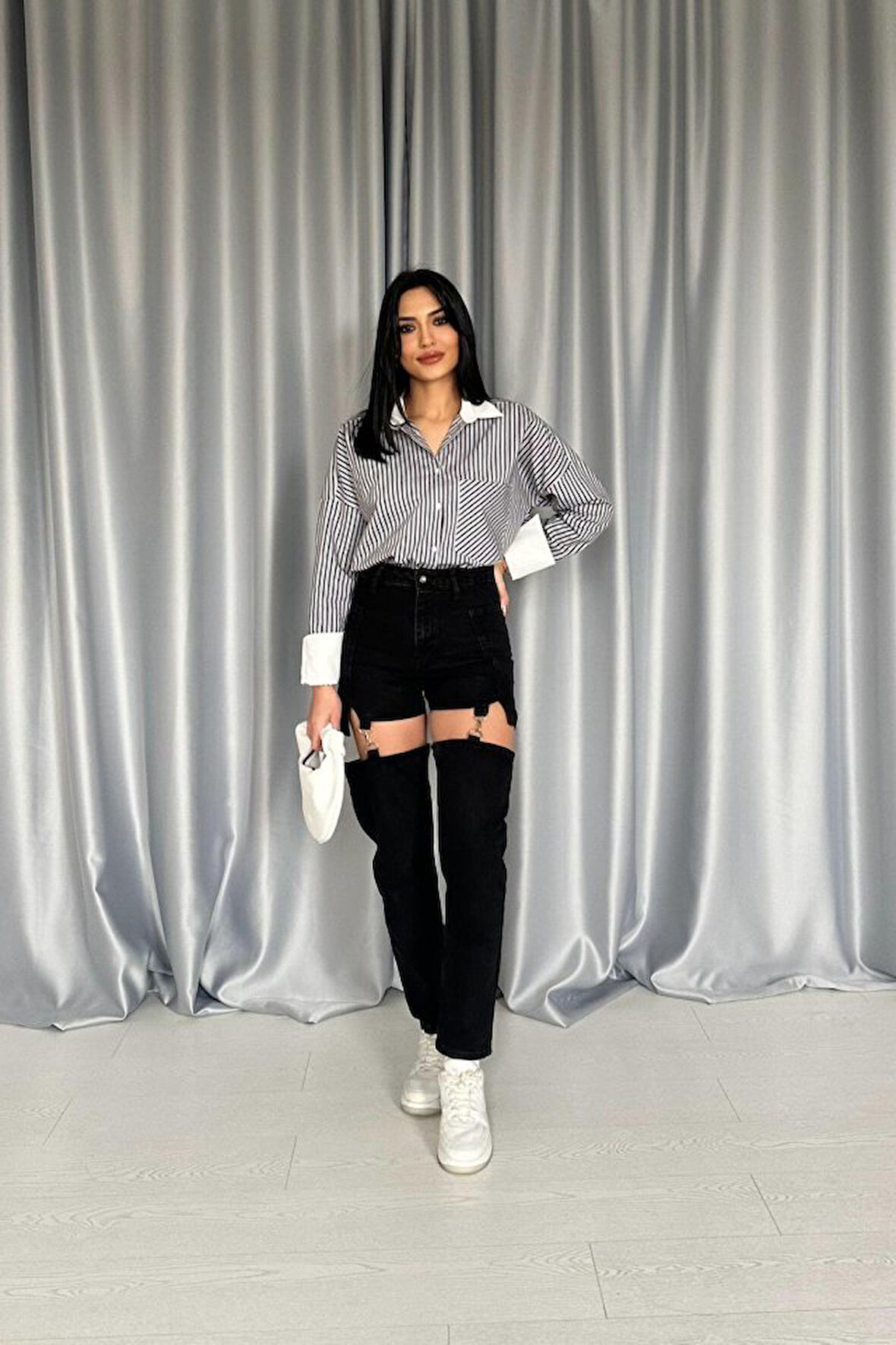 Reka Moda Siyah Askılı İki Parça Jeans Pantolon