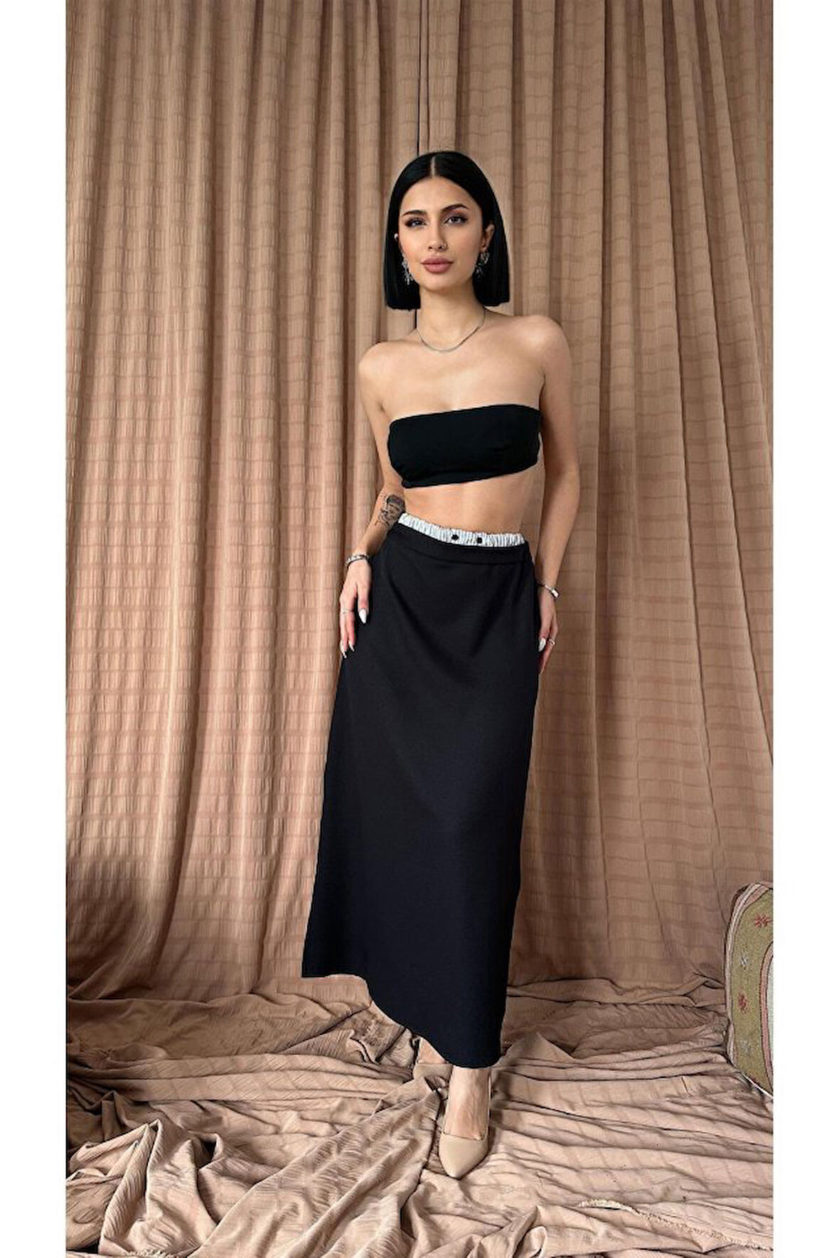 Reka Moda Siyah Beli Lastikli Etek