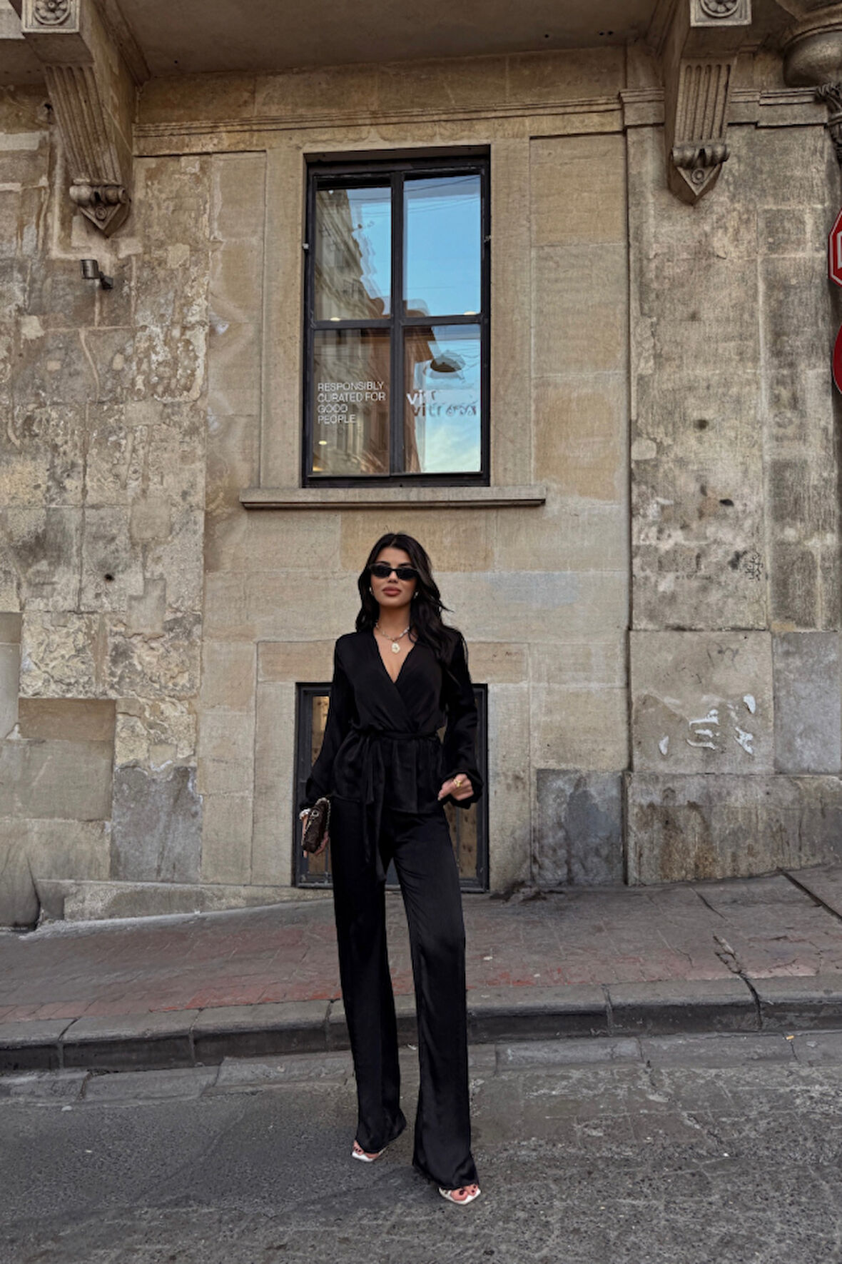 Reka Moda SATEN KRUVAZE BAĞLAMALI BLUZ- PANTOLON TAKIM - Siyah