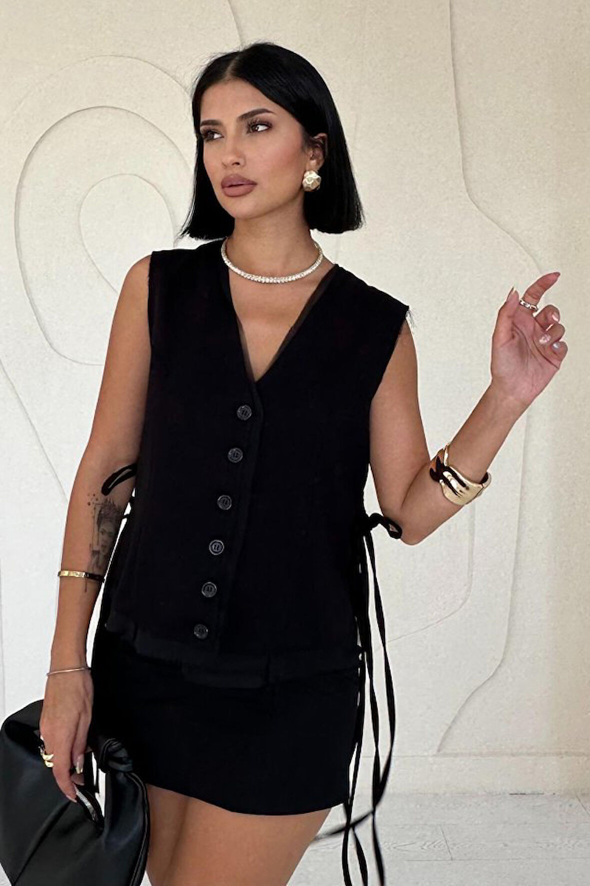 Reka Moda Siyah Yanları Bağcıklı Yelek