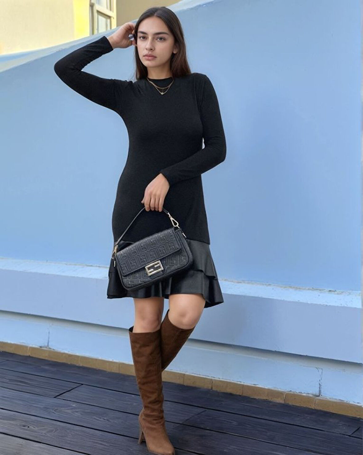 Reka Moda Kadın Uzun Kollu Bisiklet Yaka üst Viskon Etek Ucu Deri Kısa Elbise