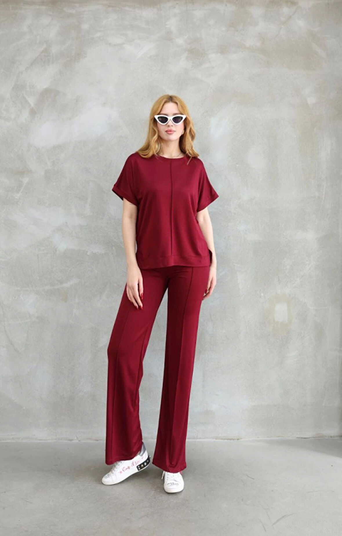 Reka Moda Osy Modal Yumuşak Dokulu Kumaş Bisiklet Yaka Kısa Kollu Takım - Bordo