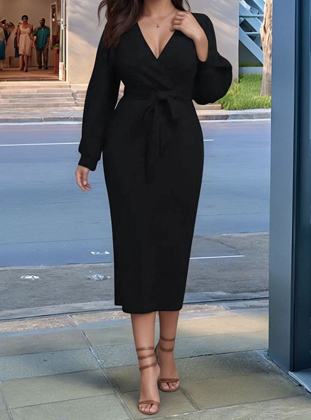 Reka Moda Kadın Uzun Kollu Kruvaze Yaka Belden Kuşaklı Midi Ithal Krep Elbise