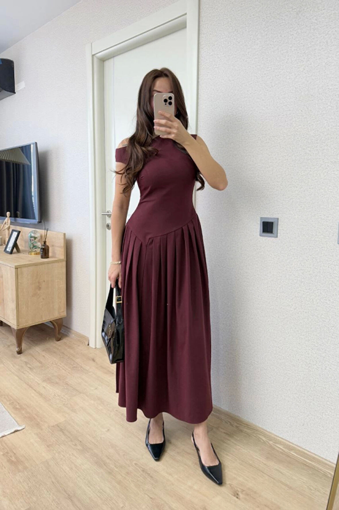 Reka Moda Asimetrik Düşük Yaka Kolsuz Uzun Elbise - Bordo