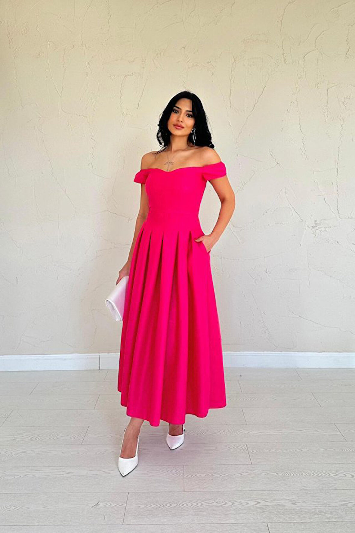 Reka Moda Fuşya Jakarlı Elbise