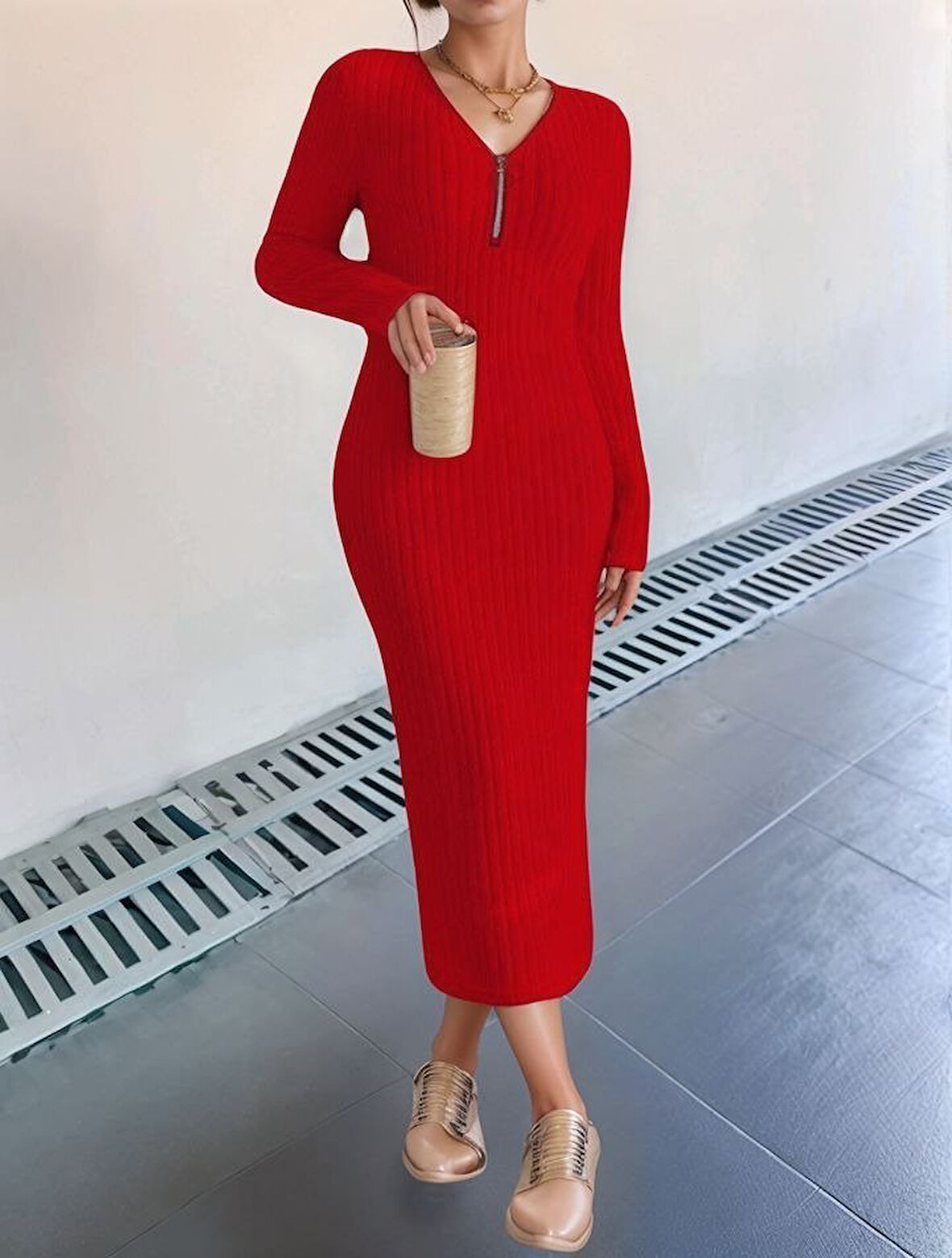 Reka Moda Kadın Uzun Kollu Fermuar Detay Fitilli Kaşkorse Kumaş Maxi Boy Elbise