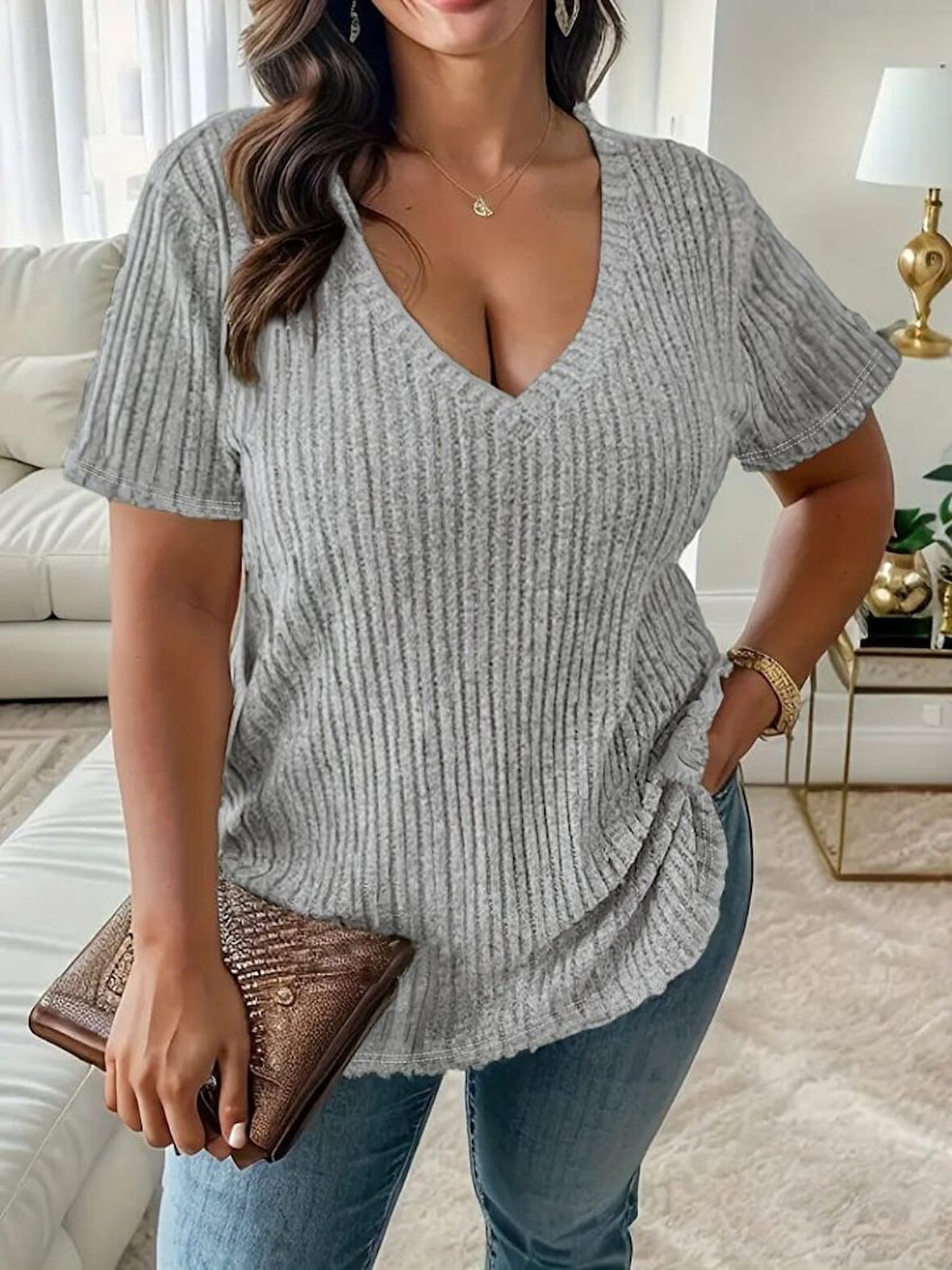 Reka Moda Kadın Kısa Kollu V Yaka Fitilli Kaşkorse Bluz