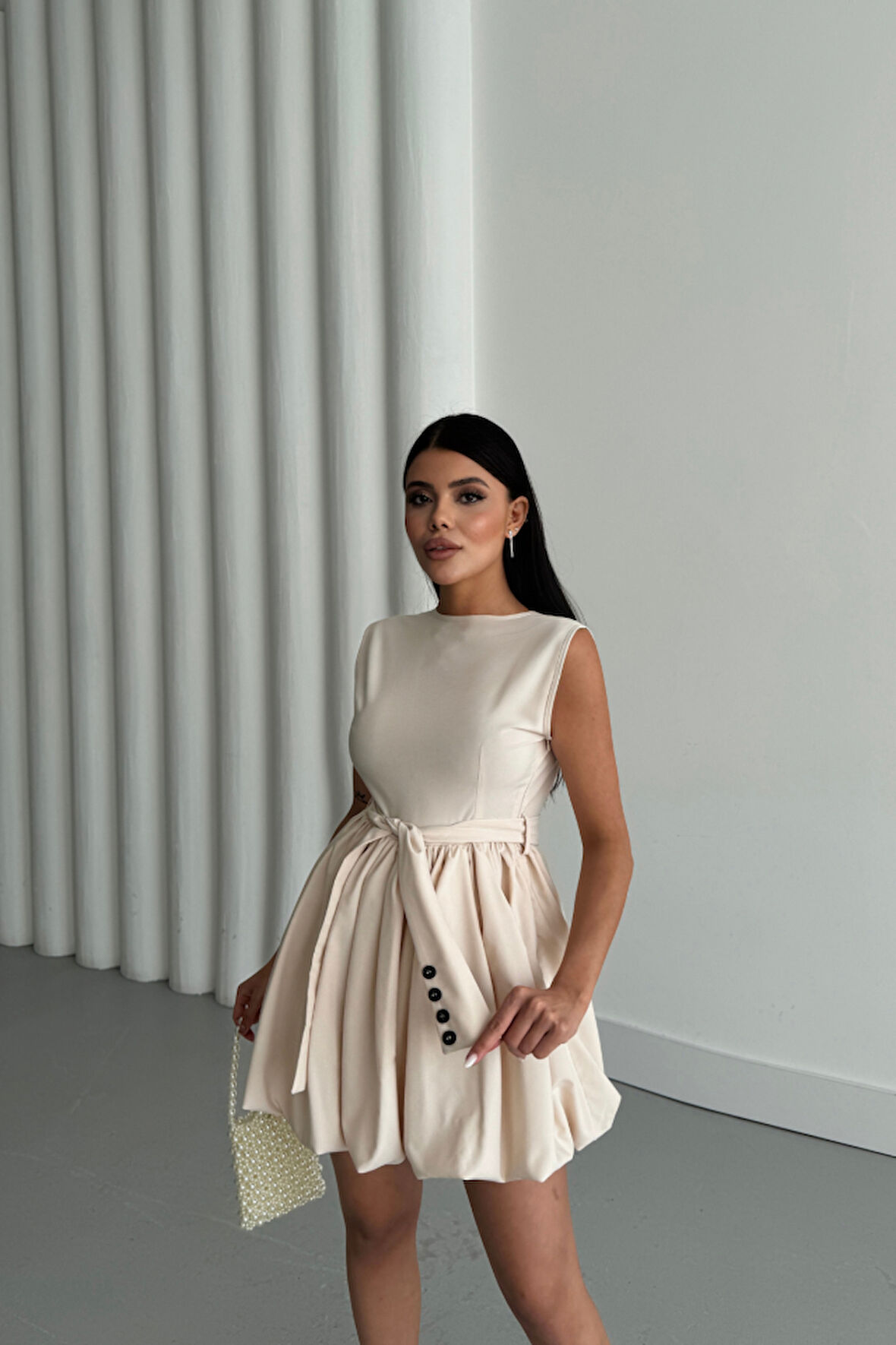 Reka Moda BALON ETEKLİ TASARIM KISA ELBİSE - Bej