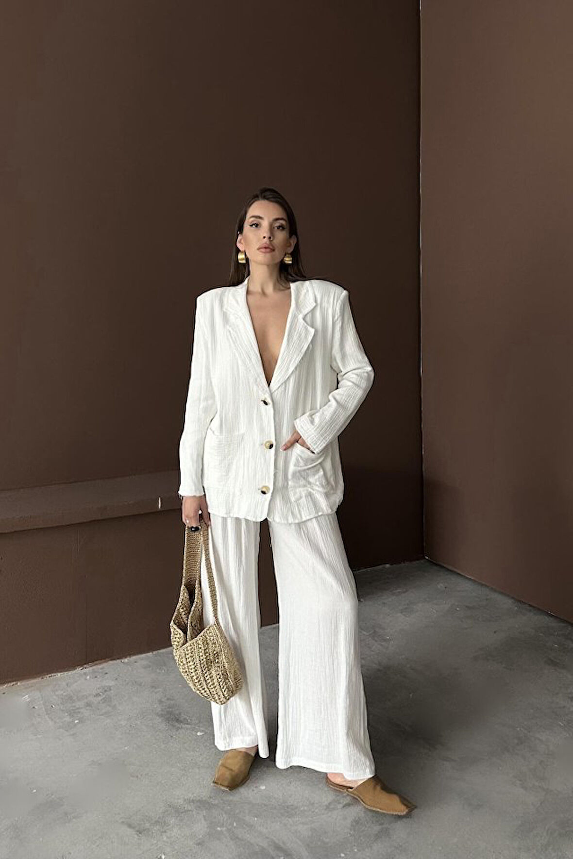 Reka Moda Beyaz Oversize Müslin Takım