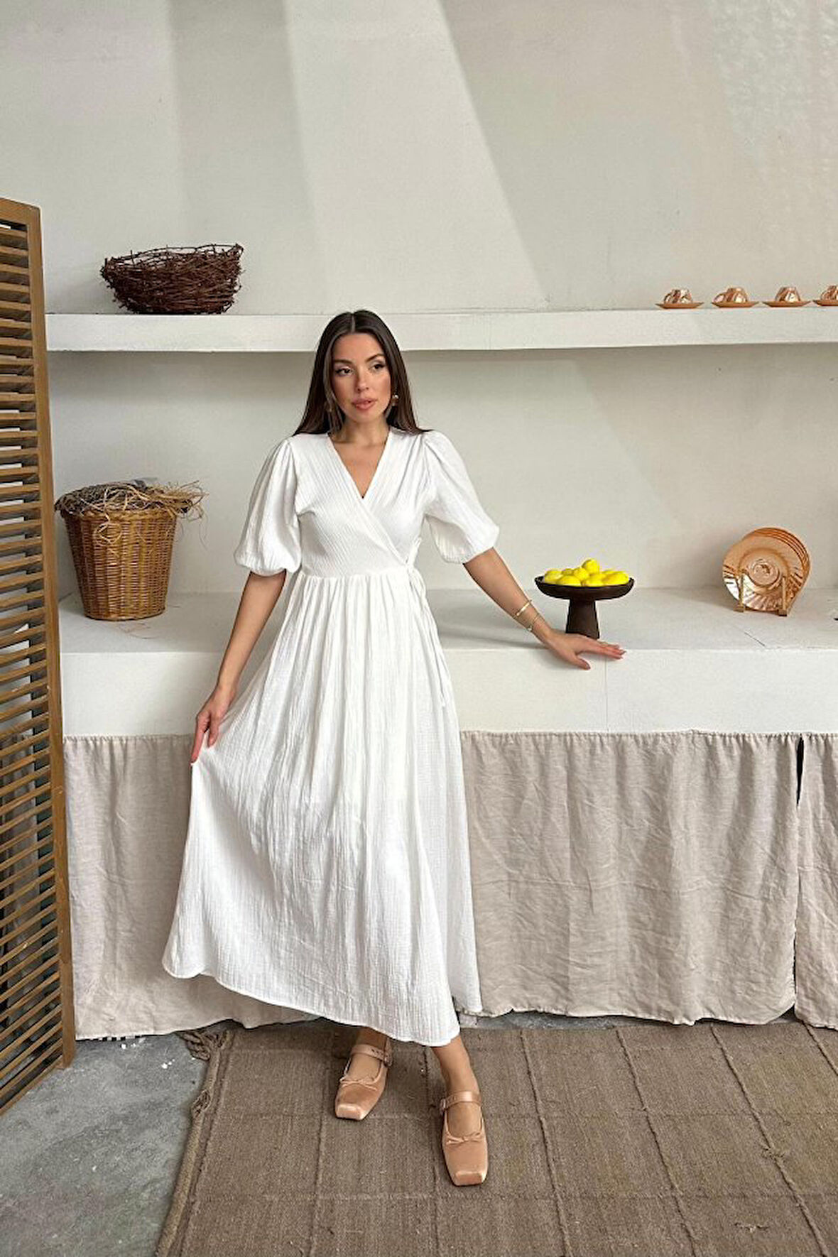 Reka Moda Ekru Müslin Uzun Elbise