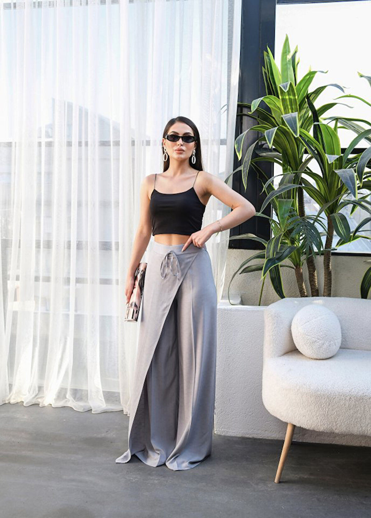 Reka Moda Keten Önü Çapraz Parçali Lasti̇kli̇ Ve Bağcikli Geni̇ş Paça Pantolon