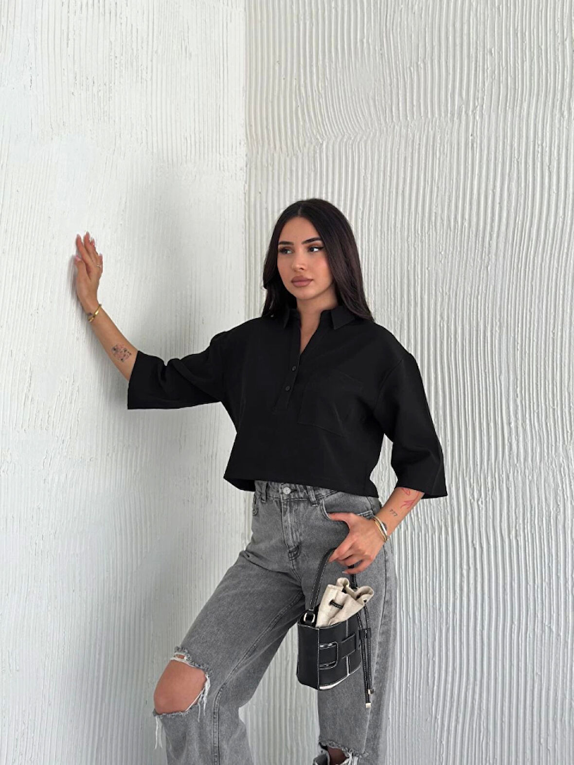 Reka Moda Crop Yakalı Gömlek Üç Çeyrek Sleeve Kol - Siyah
