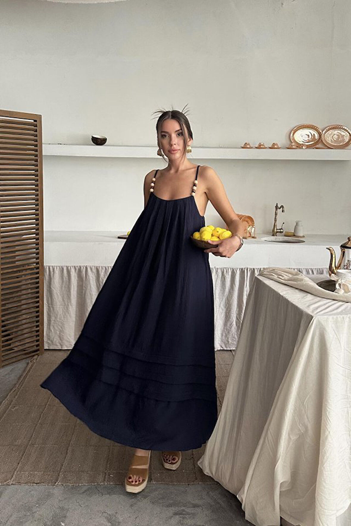 Reka Moda Lacivert Askılı Müslin Elbise