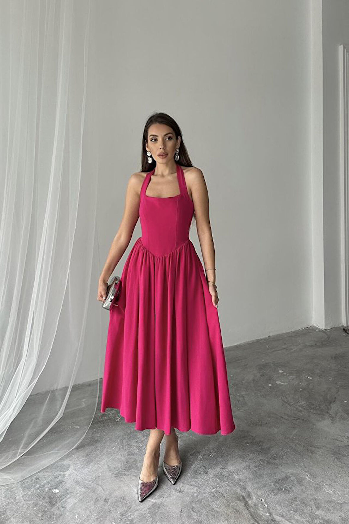 Reka Moda Fuşya Boyundan Bağlamalı Keten Elbise