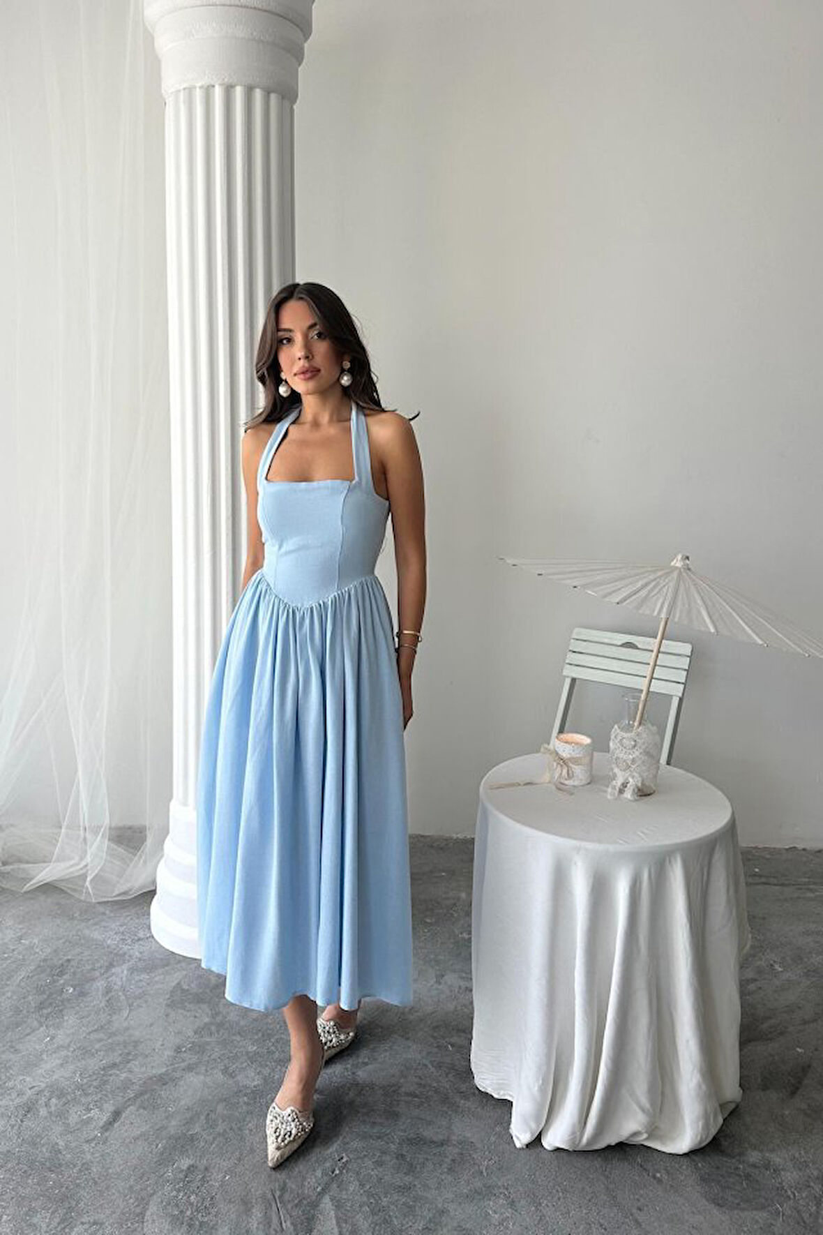 Reka Moda Mavi Boyundan Bağlamalı Keten Elbise