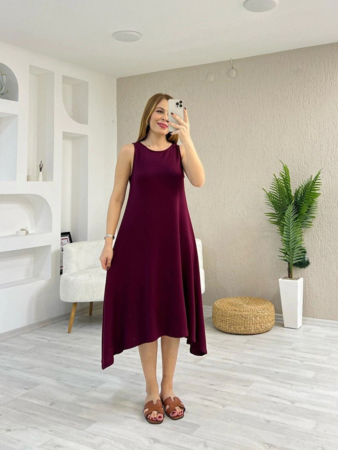 Reka Moda Kadın Askılı Yuvarlak Yakalı Asimetrik Kesim Detaylı Viskon Elbise