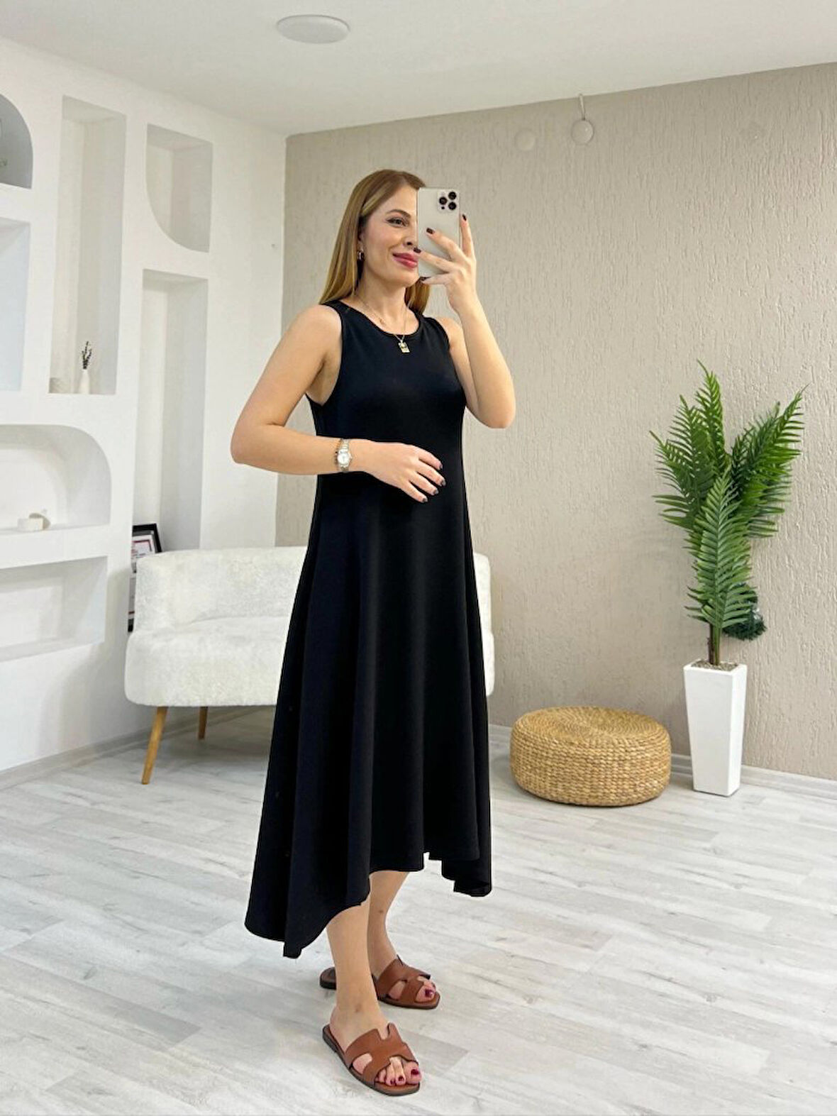 Reka Moda Kadın Askılı Yuvarlak Yakalı Asimetrik Kesim Detaylı Viskon Elbise