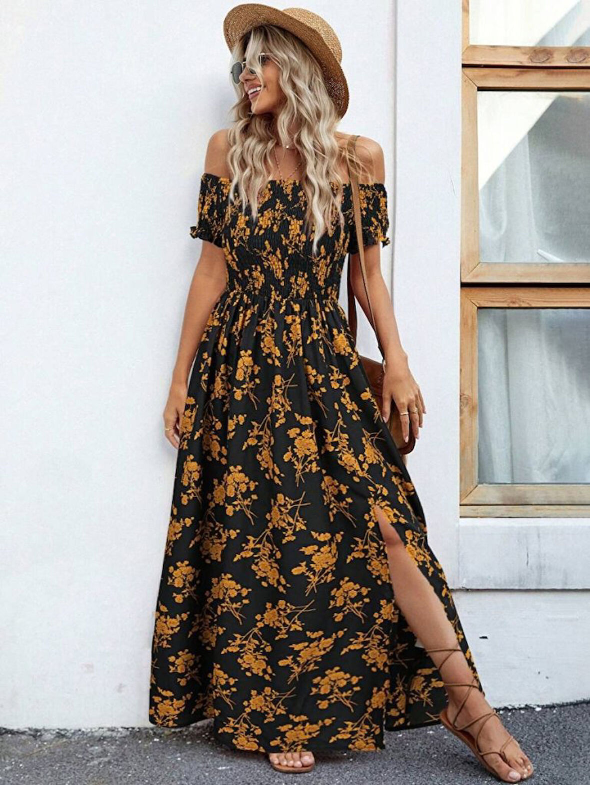 Reka Moda Kadın Kısa Kollu Madonna Yaka Yırtmaçlı çiçek Desenli Süprem Elbise