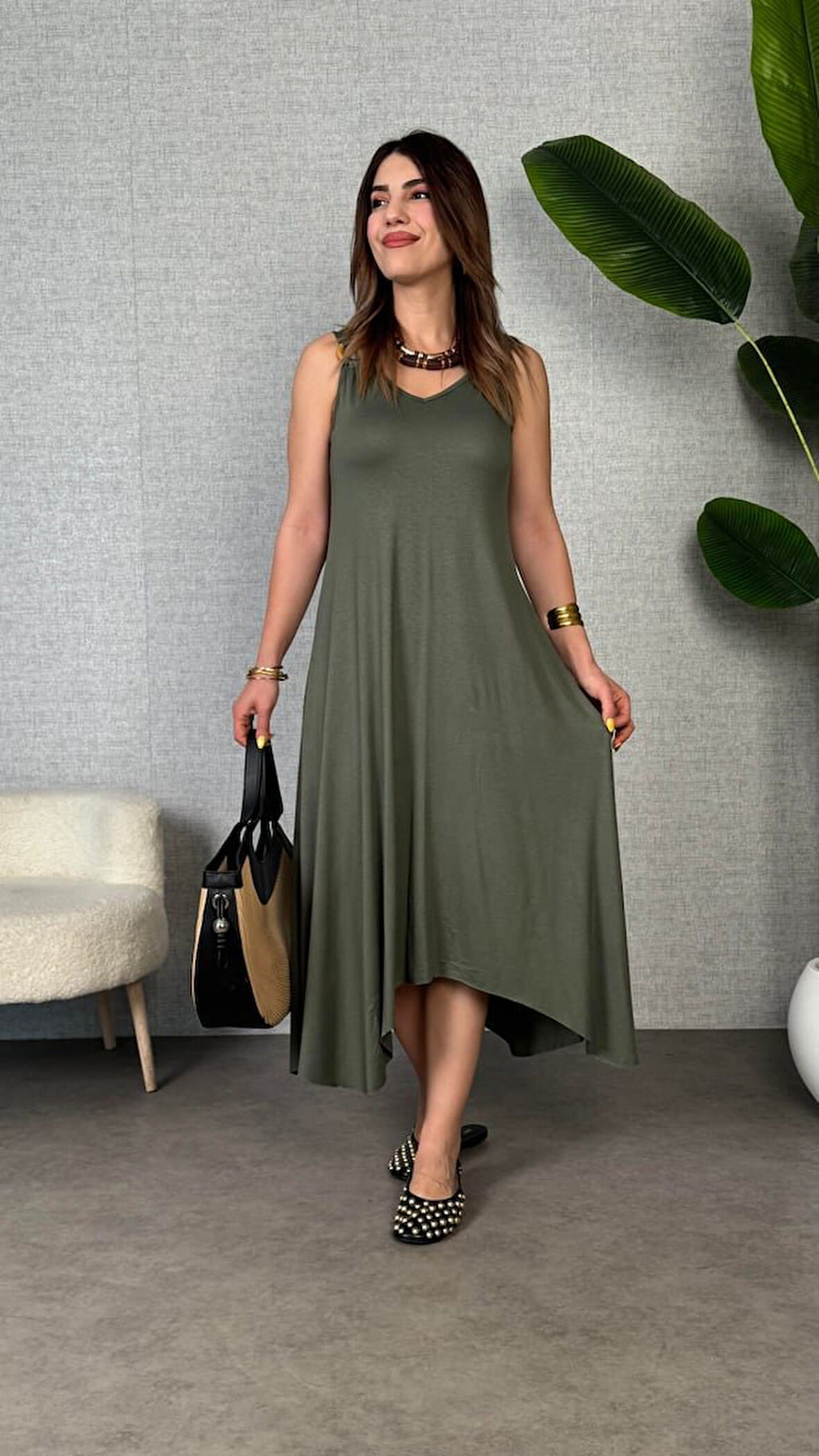 Reka Moda Kadın çan Dokuma Kumaş V Yaka Asimetrik Kesim Elbise