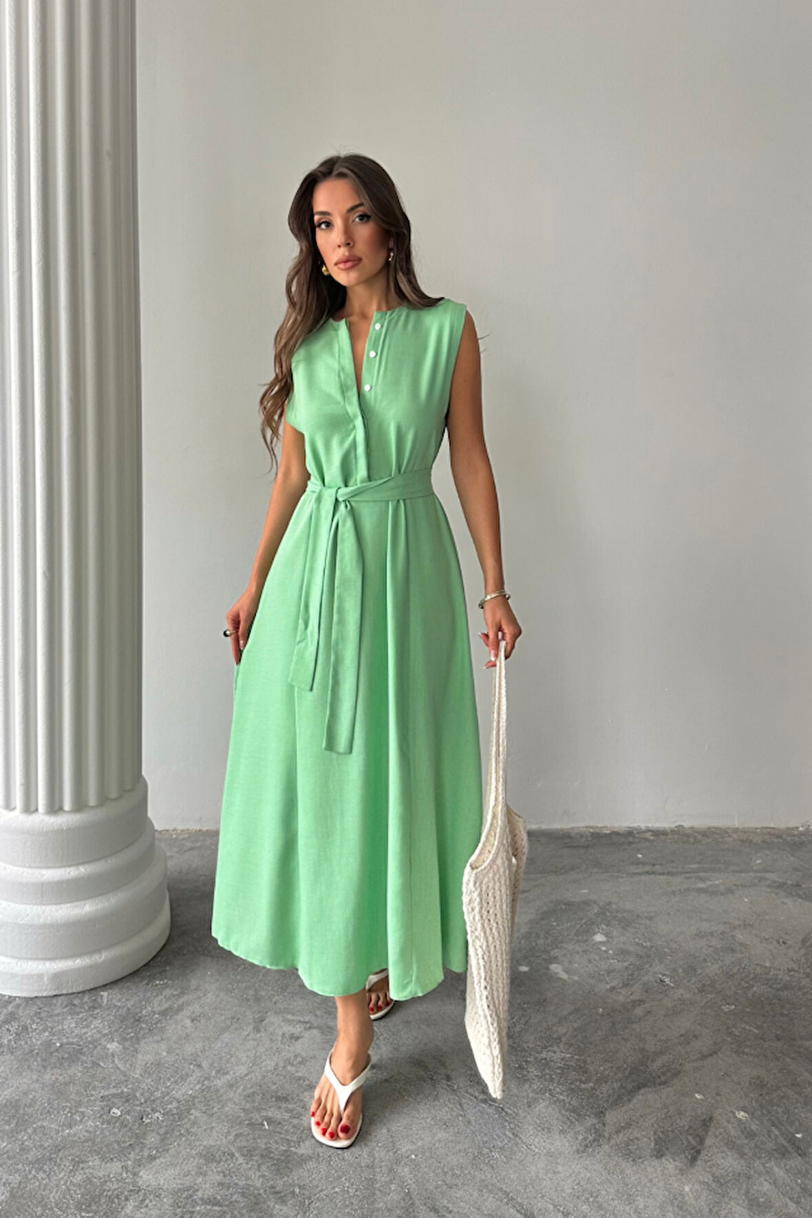 Reka Moda KETEN ELBİSE KOLSUZ BEL BAĞLAMALI MAXİ ELBİSE - Yeşil