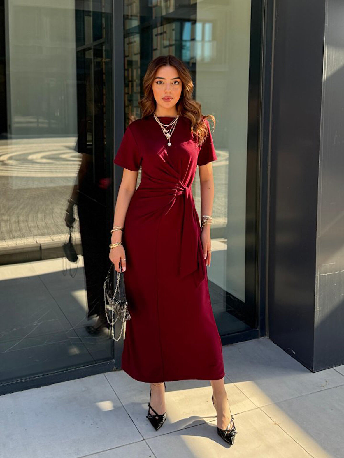 Reka Moda Kadın Kısa Kollu Bisiklet Yaka Yandan Bağlamalı Viskon Iki Iplik Elbise