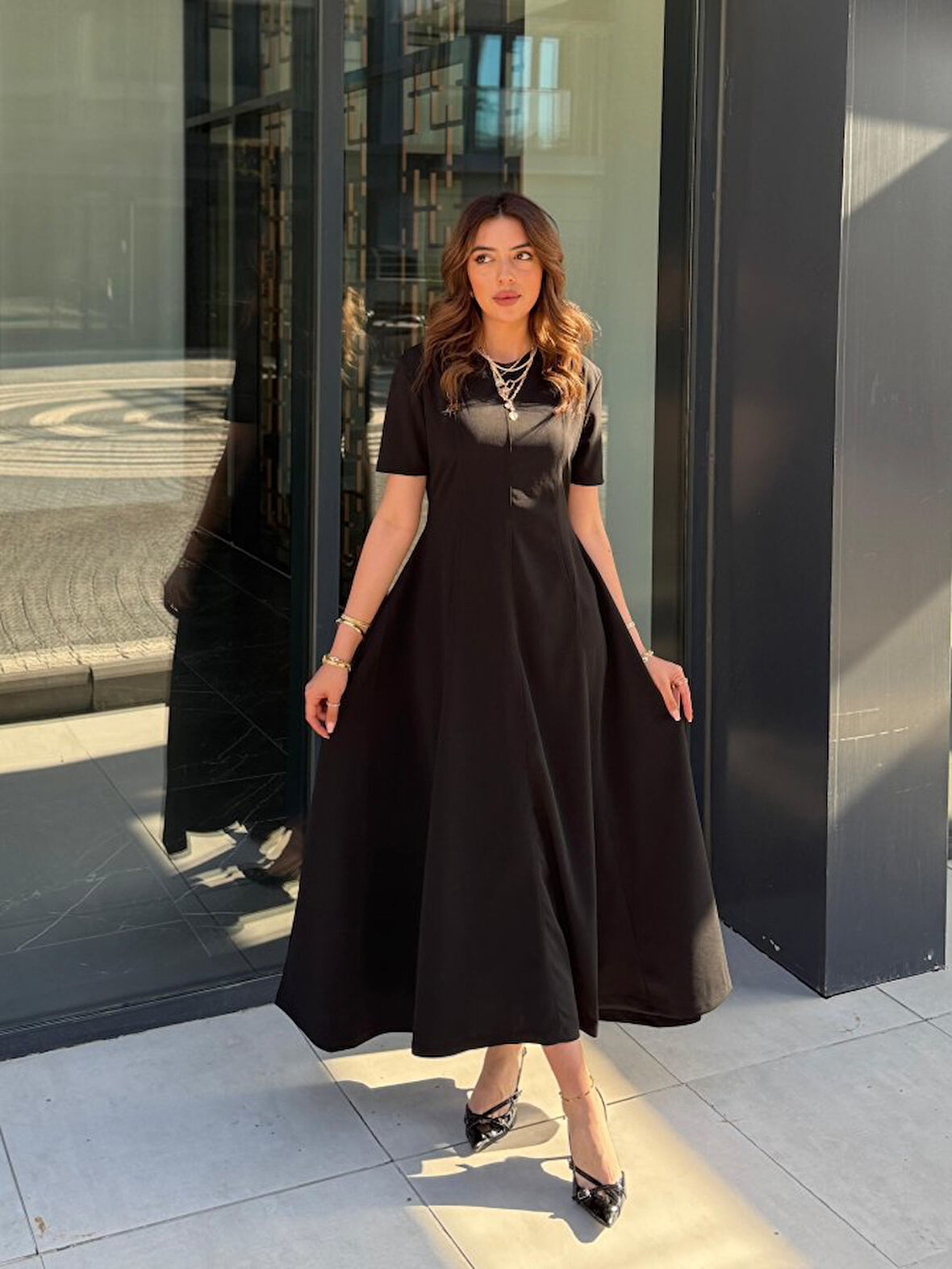 Reka Moda Kadın Kısa Kollu Bisiklet Yaka Maksi Boy Ithal Krep Elbise