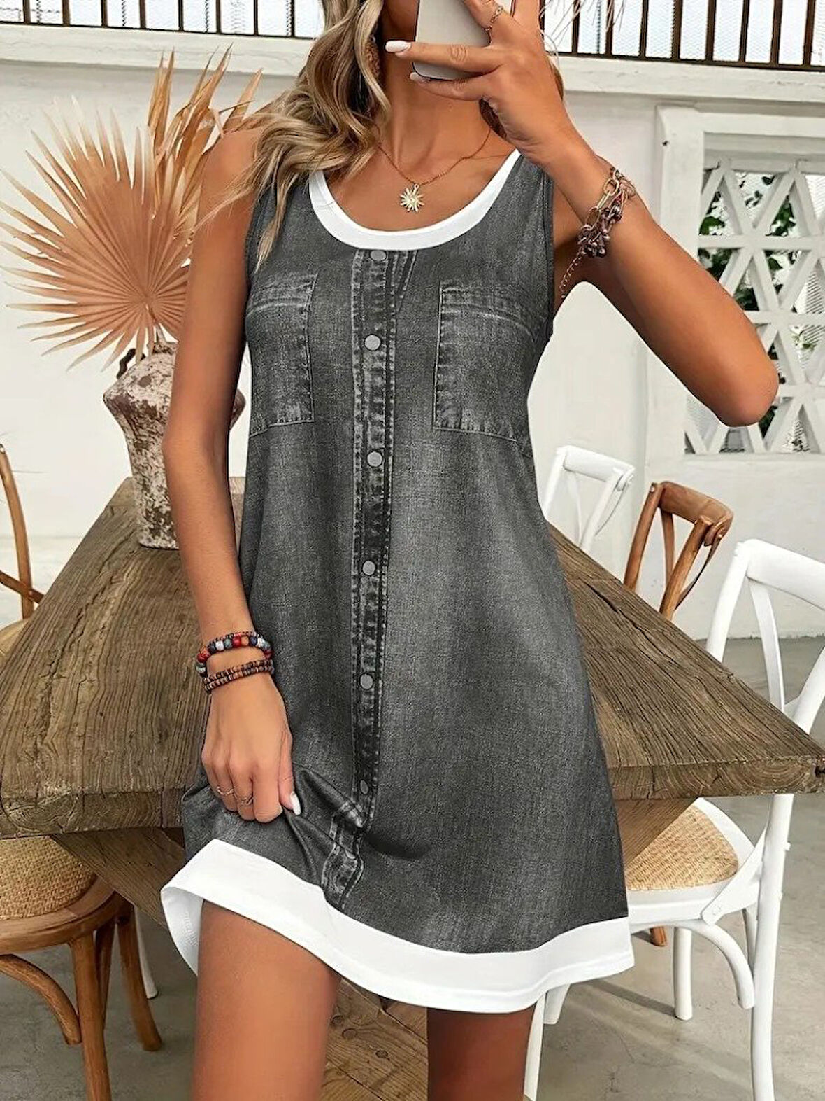Reka Moda Kadın Askılı Yuvarlak Yakalı Kot Görünümlü Kısa Süprem Elbise