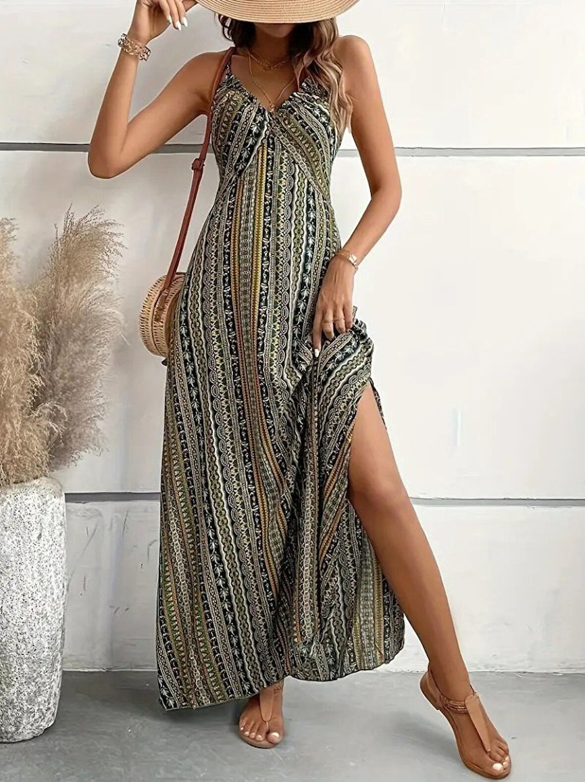 Reka Moda Kadın Ip Askılı Sırttan çapraz Detaylı Yırtmaçlı Desenli Süprem Elbise