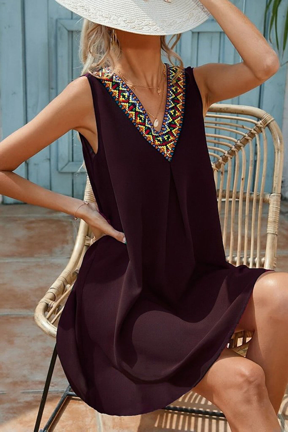 Reka Moda Kadın Sıfır Kol şerit Detaylı V Yaka Viskon Elbise