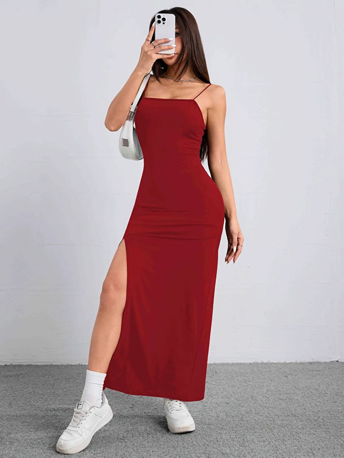 Reka Moda Kadın Ip Askılı Yandan Yırtmaçlı Janjan Krep Elbise