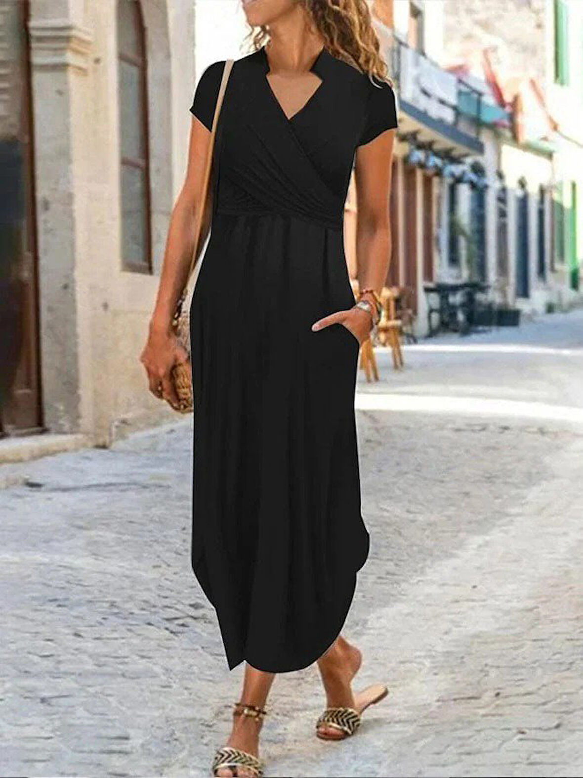 Reka Moda Kadın Kısa Kollu Hakim V Yaka Viskon Elbise