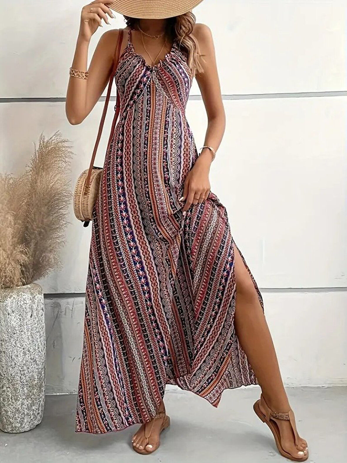 Reka Moda Kadın Ip Askılı Sırttan çapraz Detaylı Yırtmaçlı Desenli Süprem Elbise