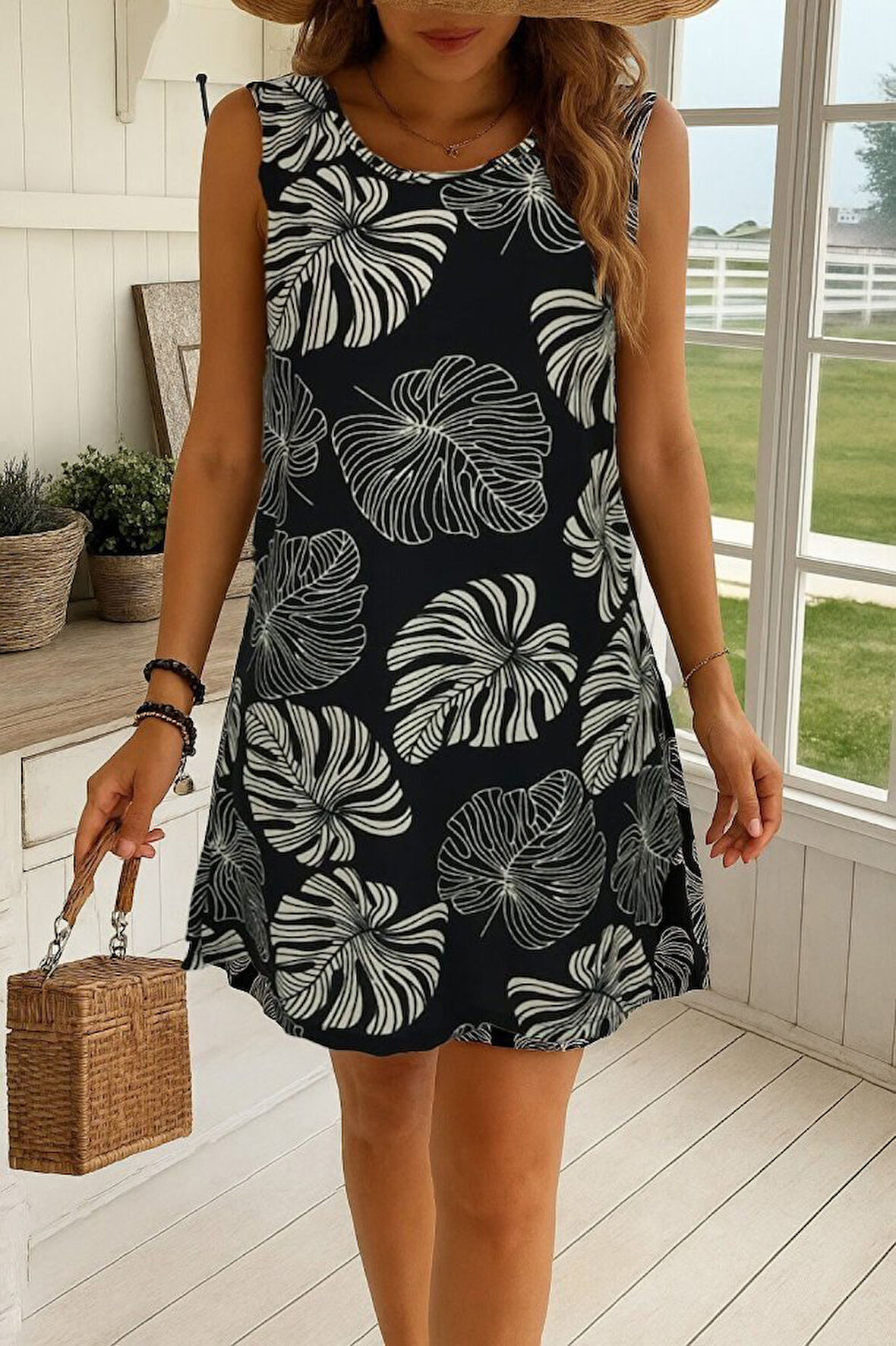 Reka Moda Kadın Sıfır Kollu Yuvarlak Yaka Desenli Süprem Elbise