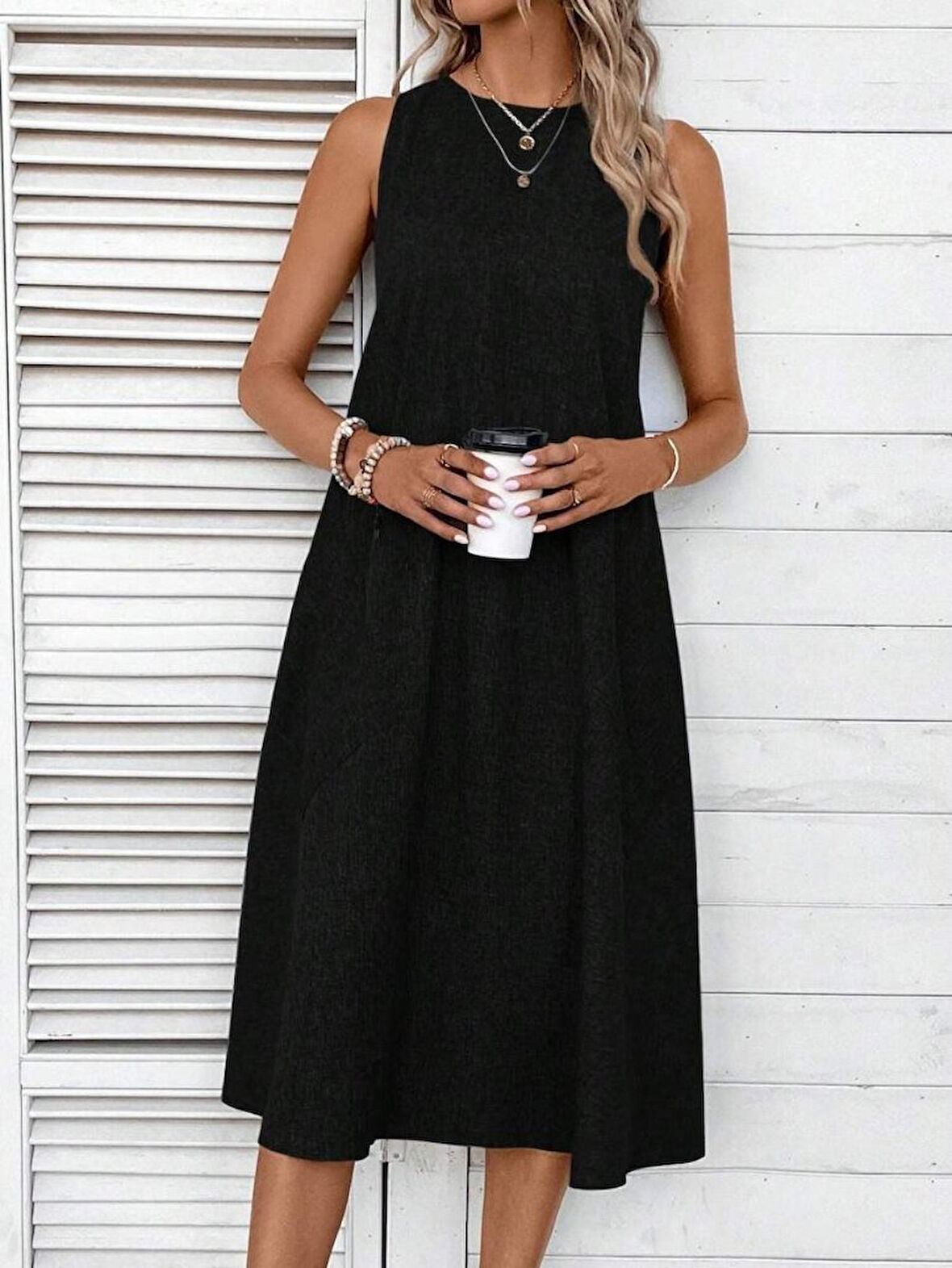 Reka Moda Kadın Kolsuz Bisiklet Yaka Cepli Midi Keten Elbise