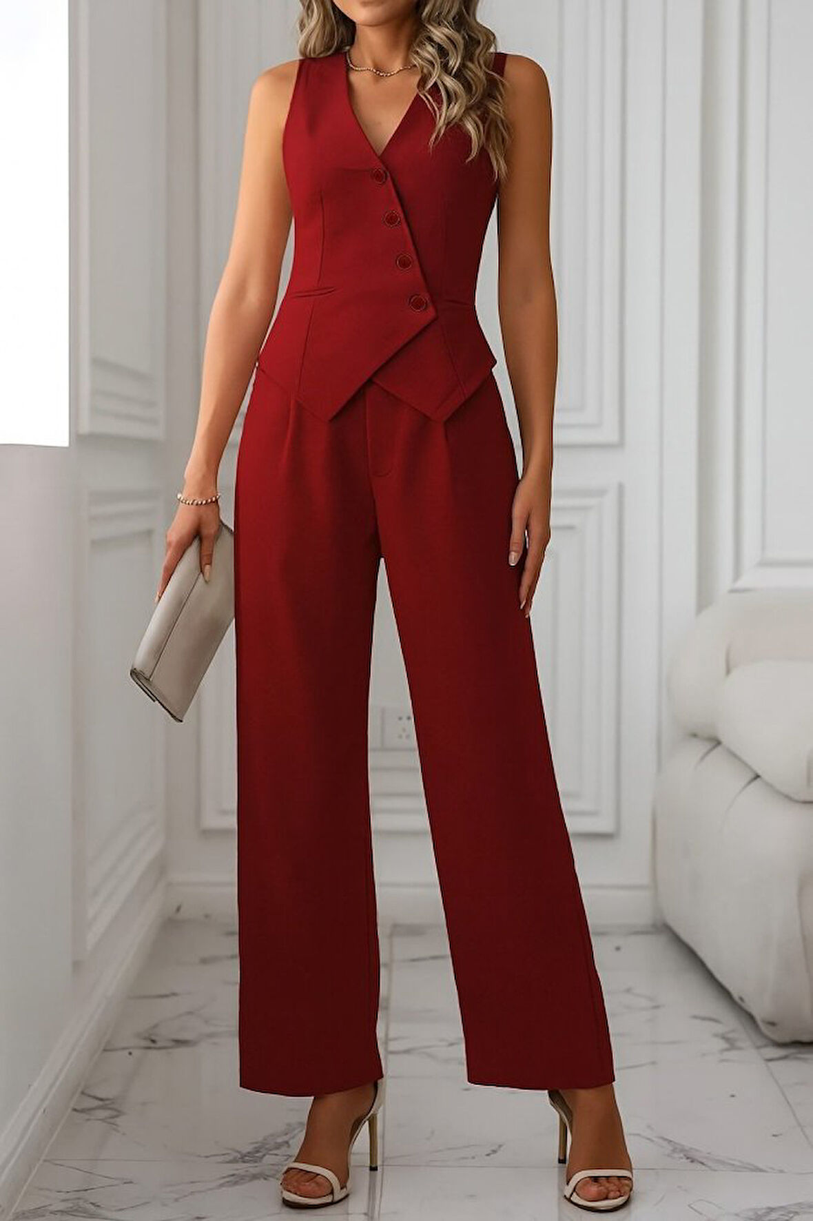 Reka Moda Kadın Sıfır Kollu çapraz V Yakalı önden Düğmeli Atlas Yelek Ve Pantolon Ikili Takım